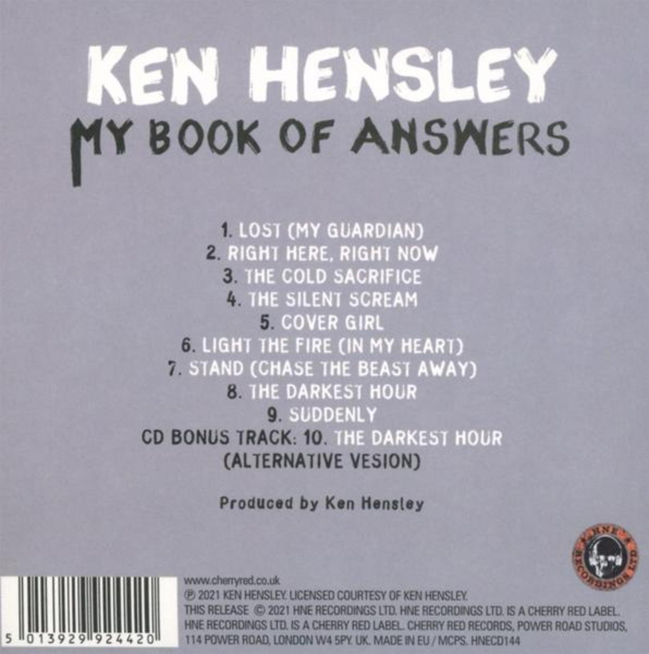 Rückseite des CD-Covers von Ken Hensley, My Book of Answers, mit Titelliste, Barcode und Produktionseffekten.