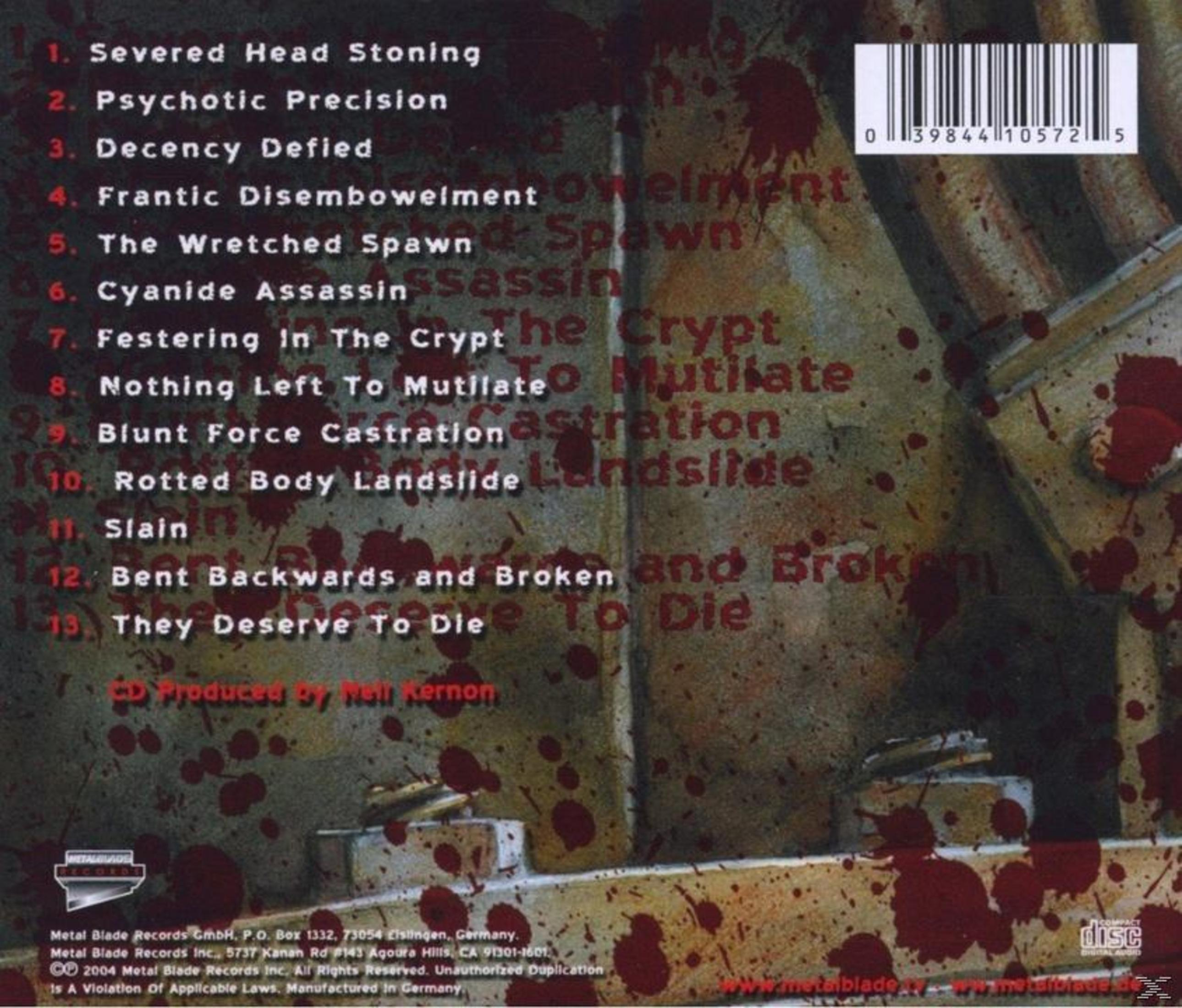 Rückseite einer Musik-CD mit blutbeflecktem Hintergrund, roten Tracklisten und einem Strichcode.