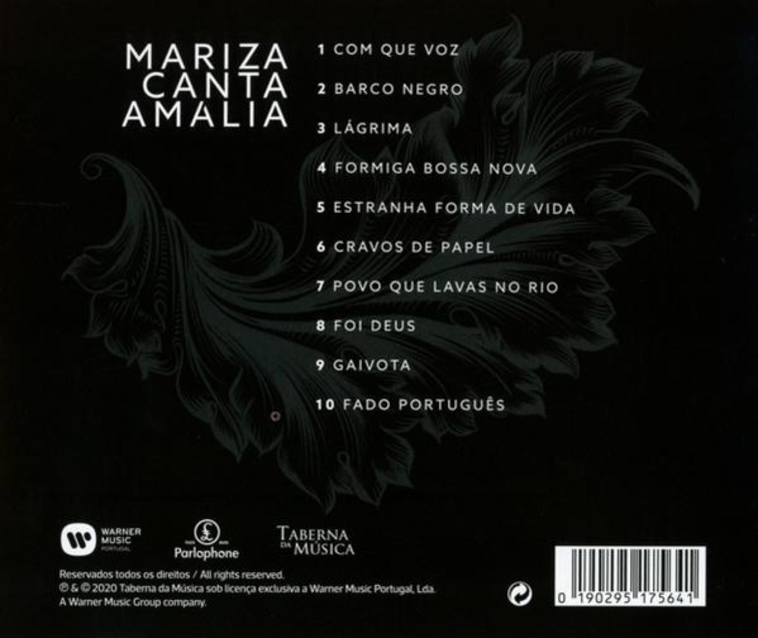 Rückseite des Albums Mariza Canta Amalia mit Tracklist, dunkel und verziert.