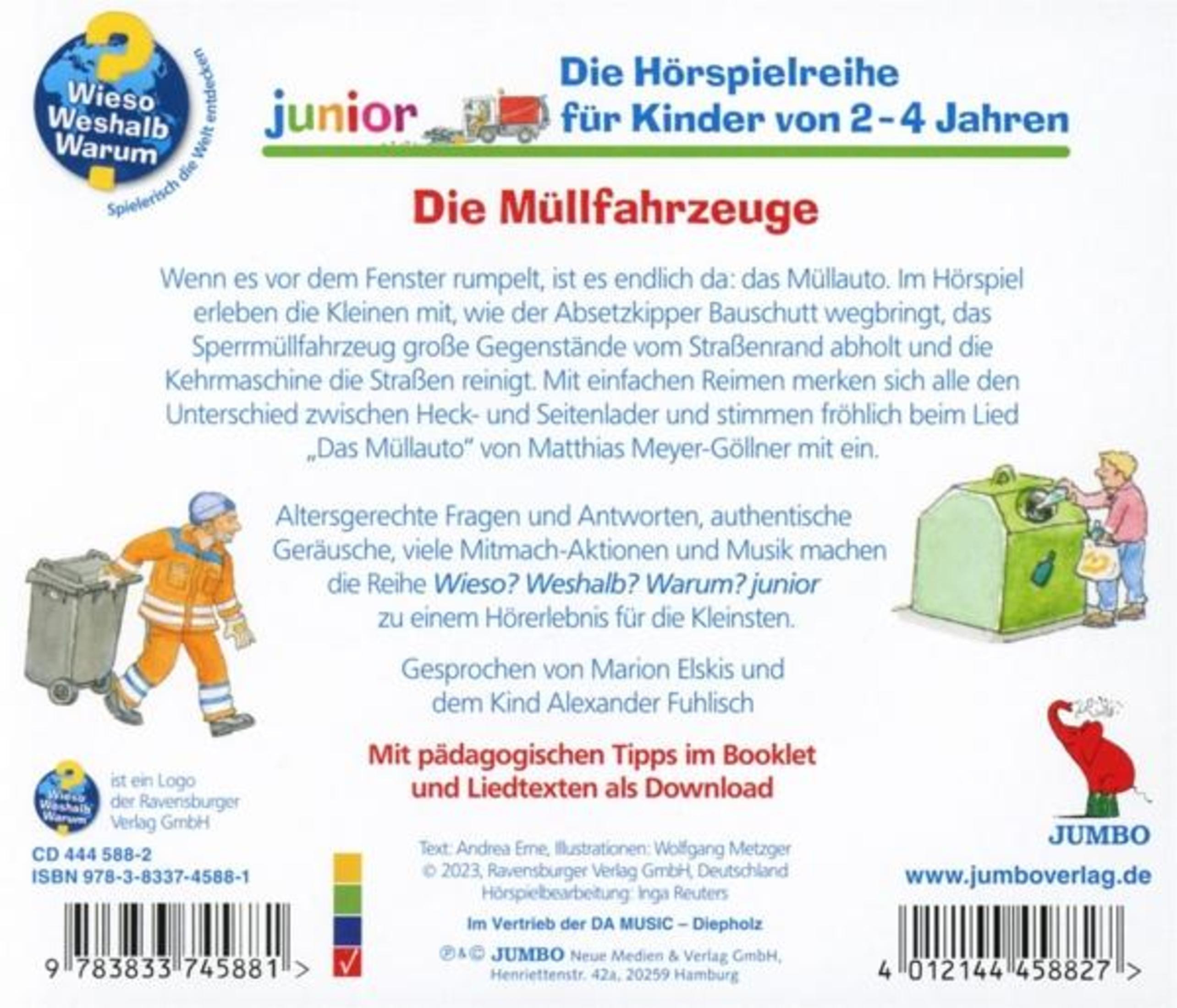 Rückseite einer Kinder-Hörspiel-CD zum Thema Müllfahrzeuge mit Texten und Illustrationen.