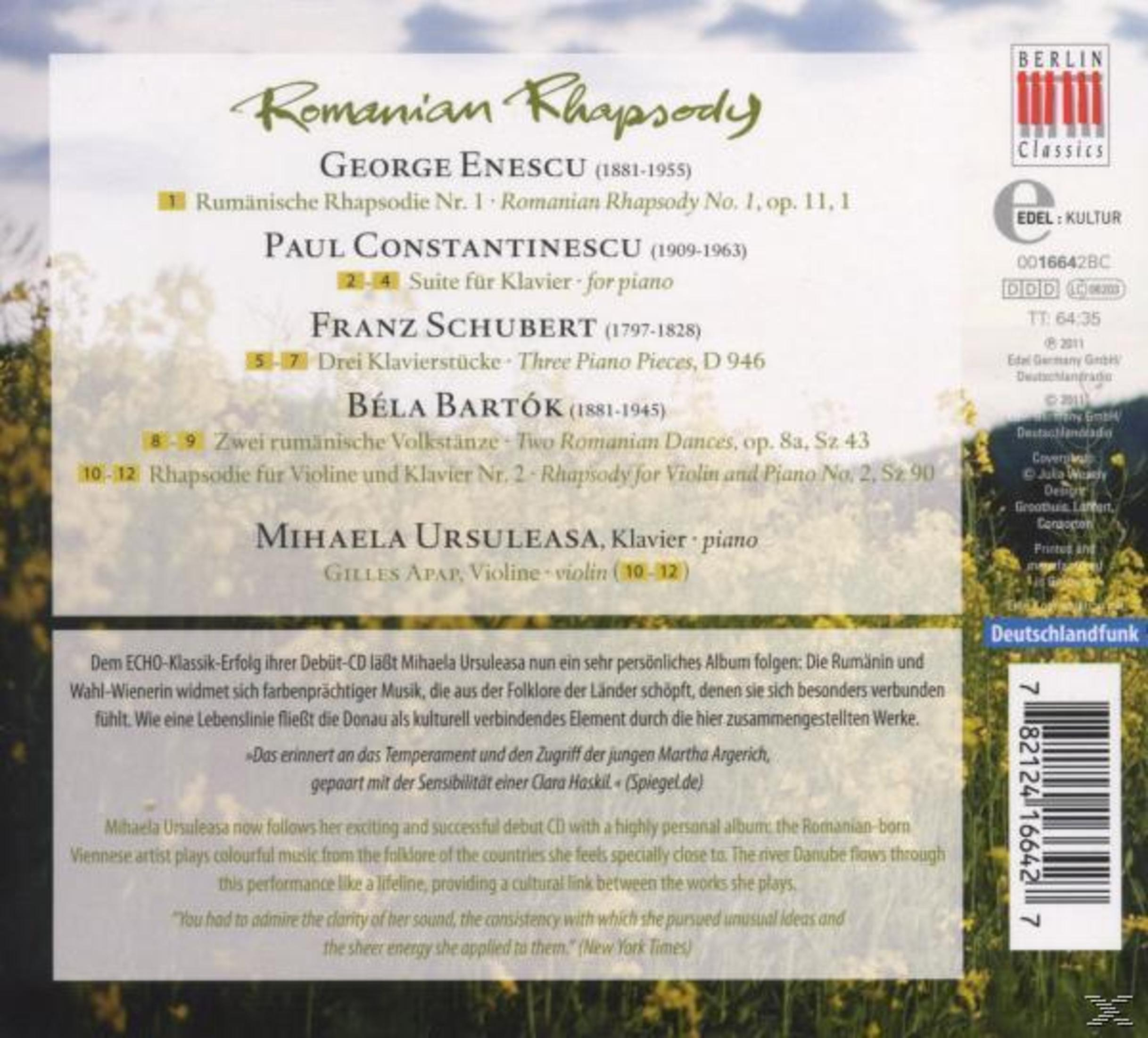 Rückseite einer Musik-CD mit Trackliste und Texten über Enescu, Schubert, Bartók.