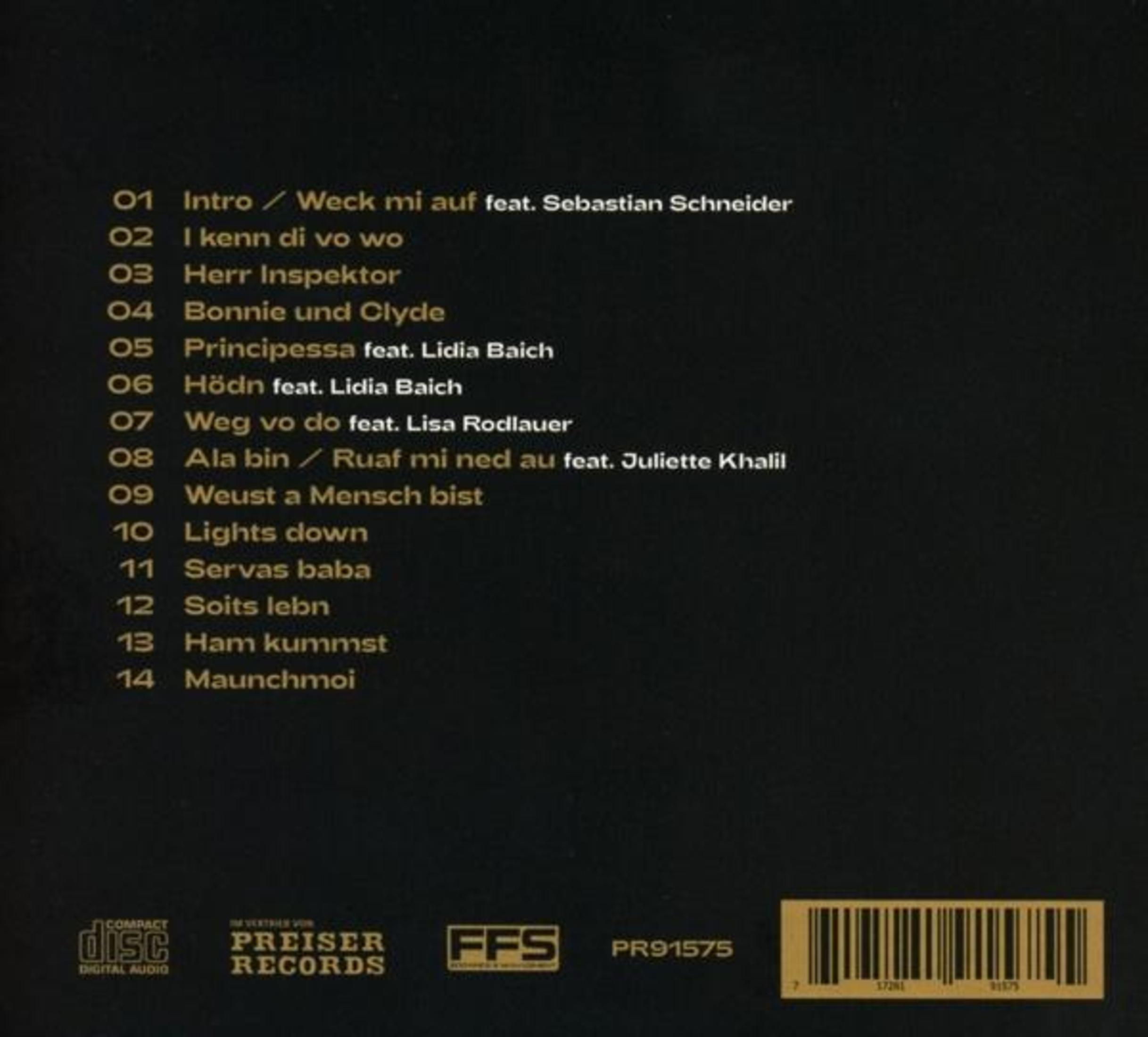 Eine schwarze CD-Titelliste mit goldenem Text, Liedern 1 bis 14, Logos und einem Barcode.