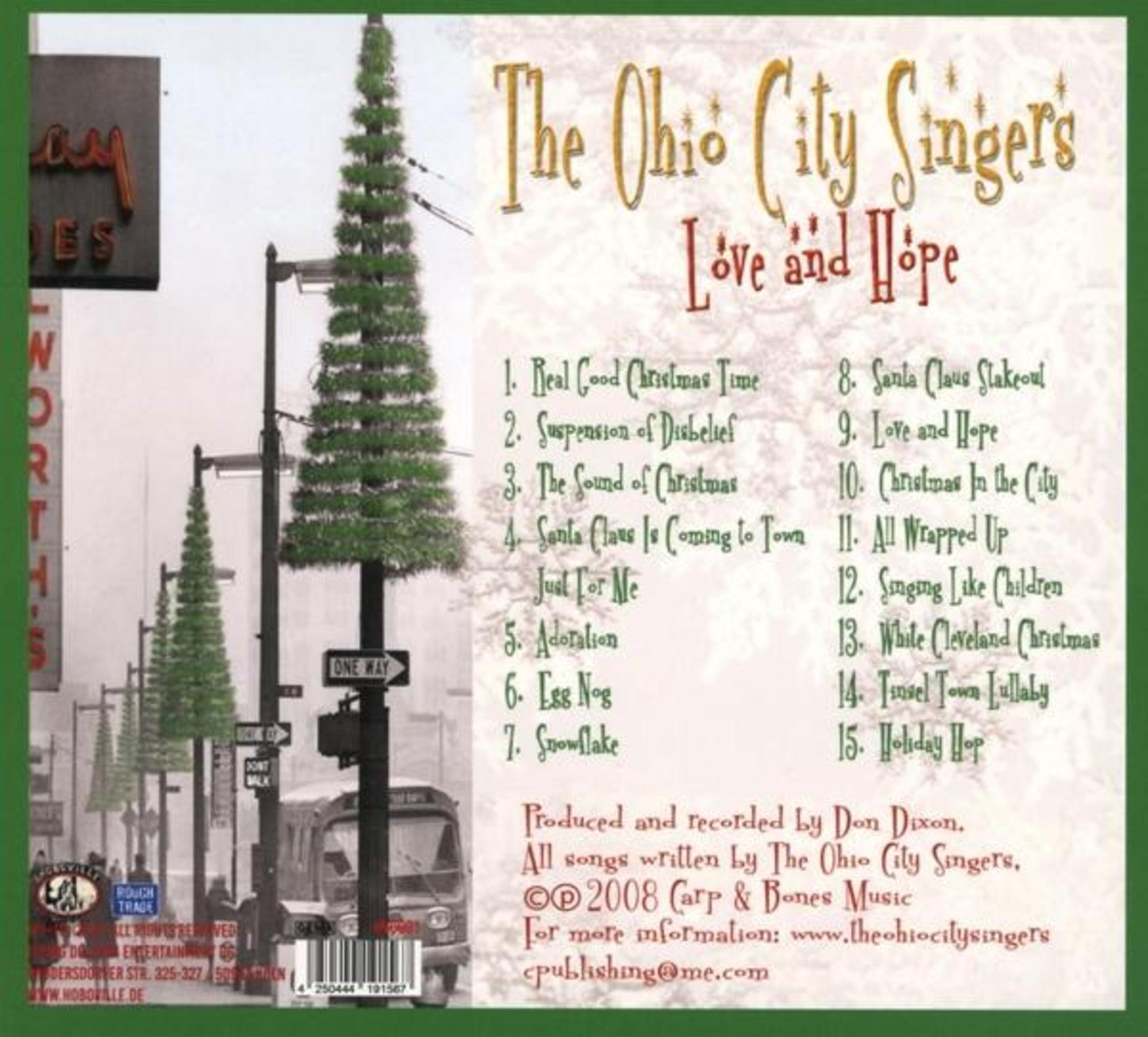 Rückseite des CD-Albums Love and Hope von The Ohio City Singers mit Titelliste und Stadtansicht.