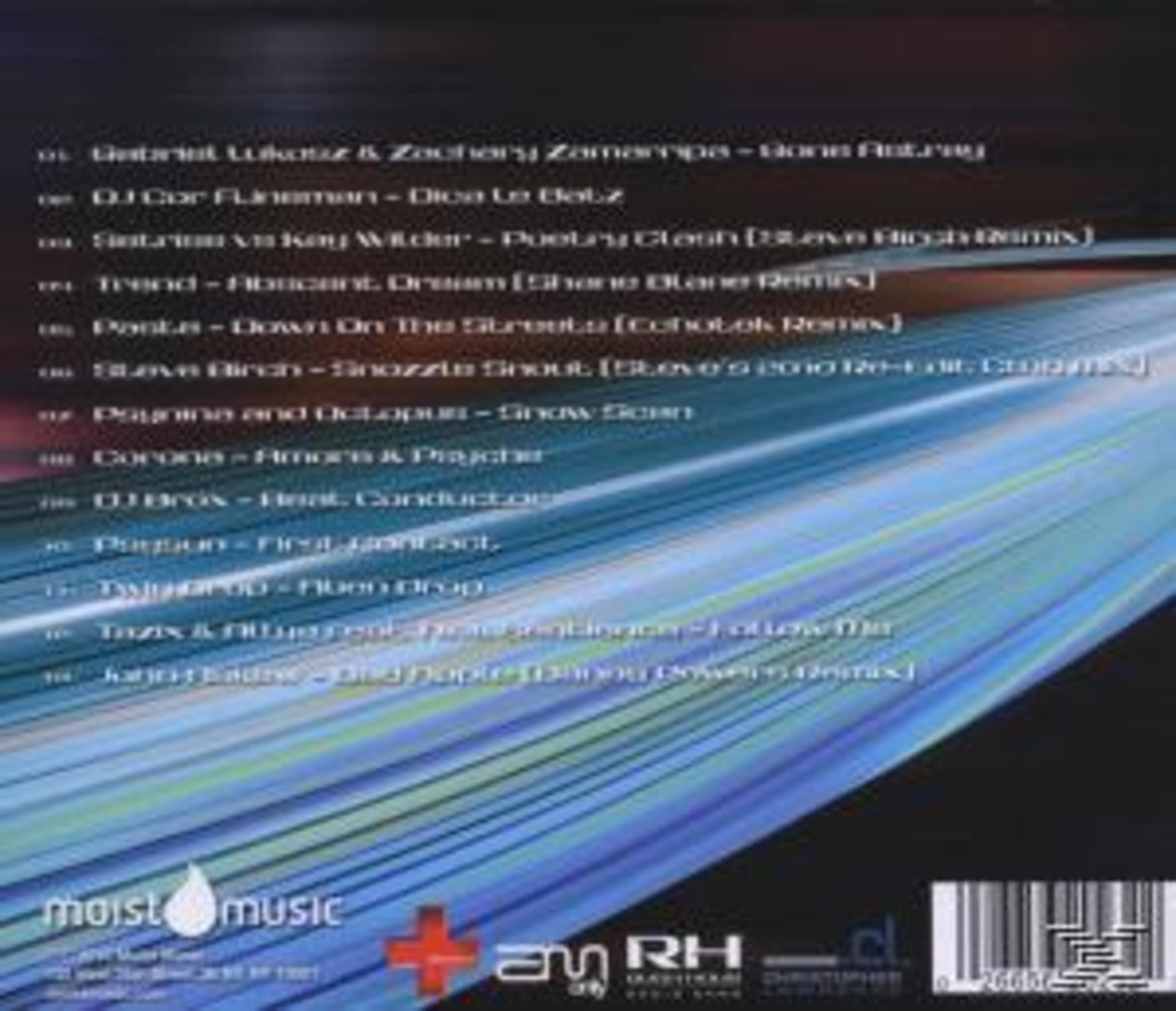 Rückseite einer Musik-CD mit Trackliste auf blauem Hintergrund und Logos unten.