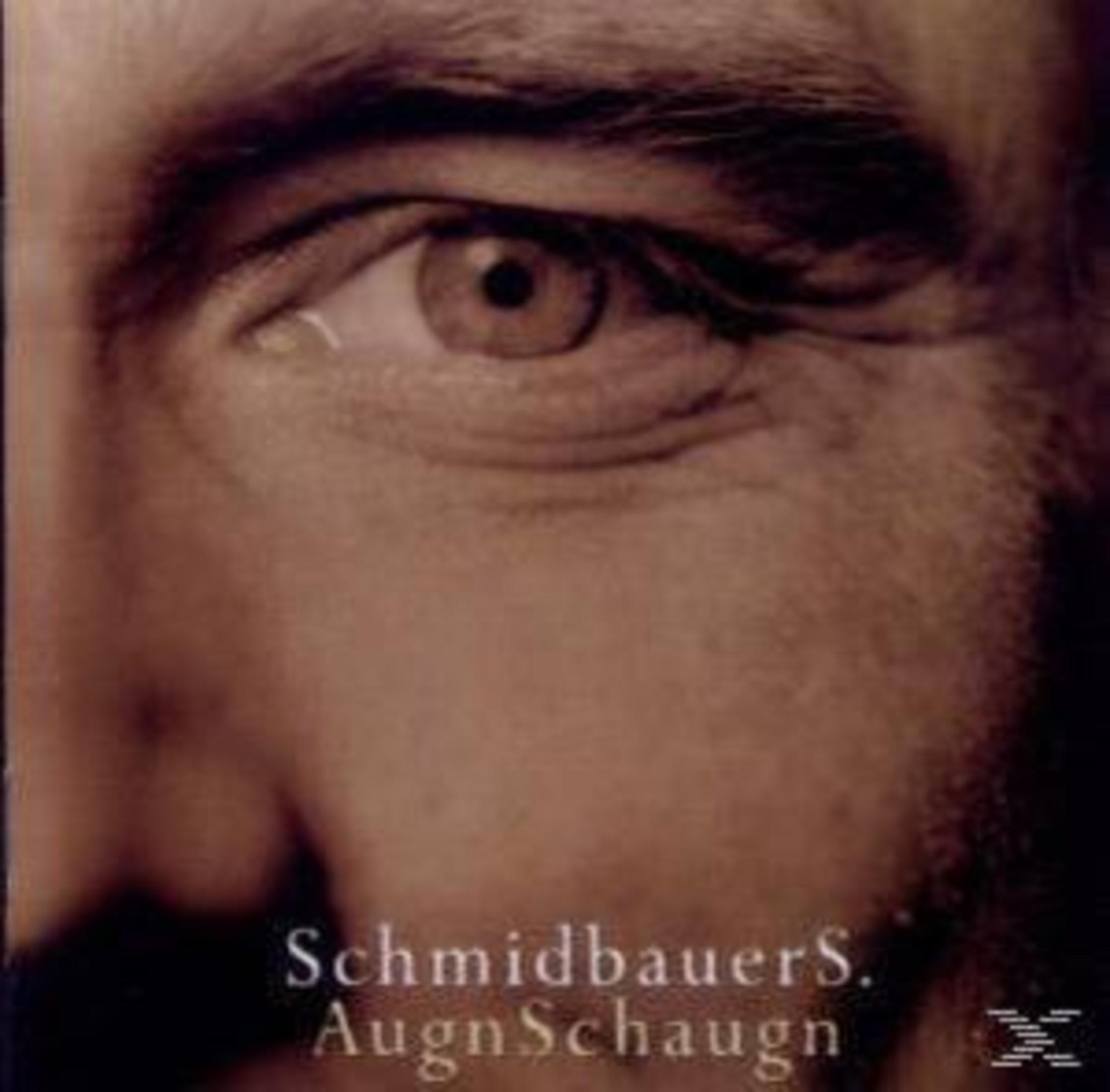 Nahaufnahme eines menschlichen Auges mit der Aufschrift Schmidbauers AugnSchaugn.