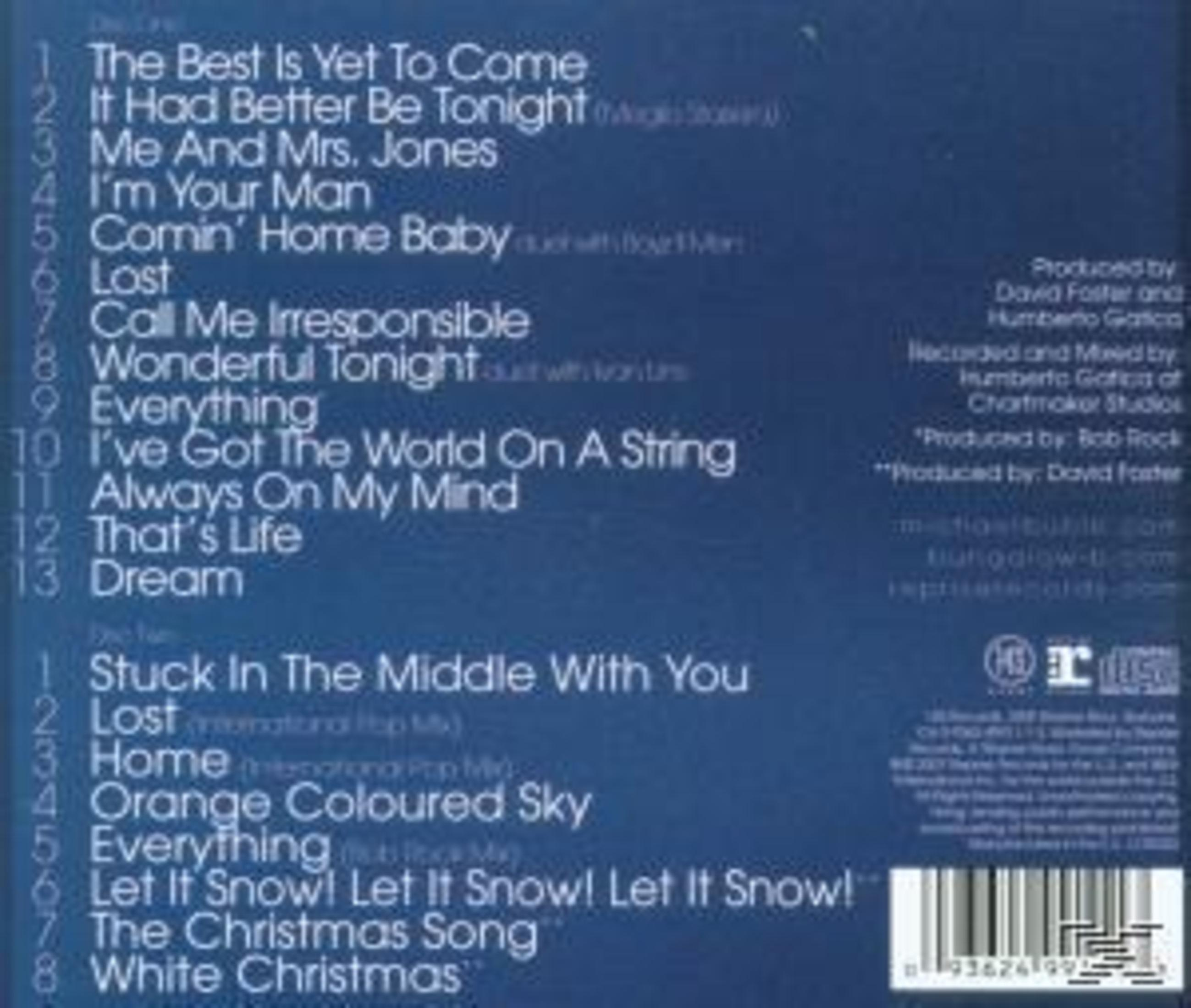 Blaue Album-Rückseite mit weißer Songliste, Credits und Barcode.
