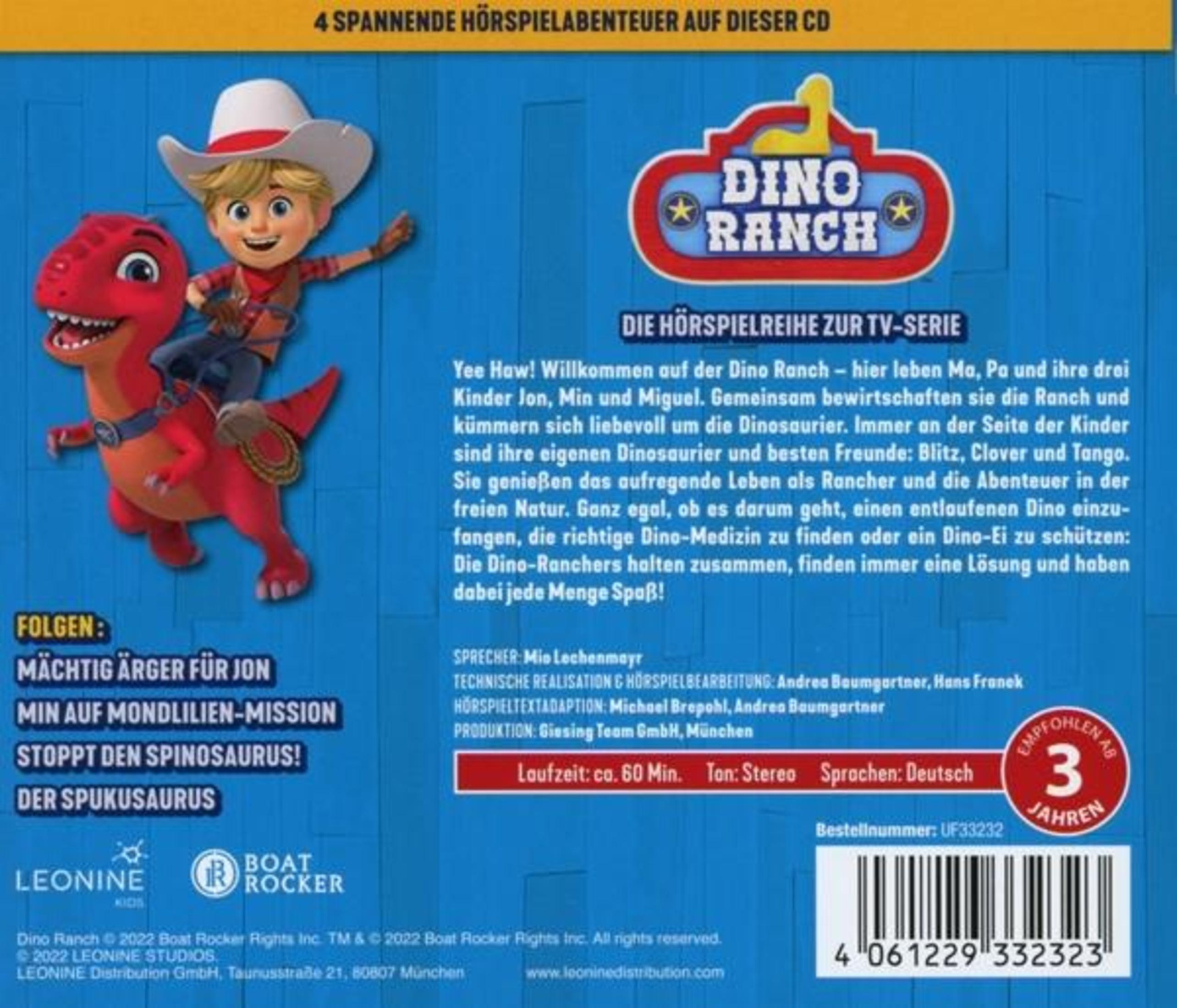 Rückseite einer Dino Ranch Hörspiel-CD mit Charakter Jon auf einem roten Dino und Textinformationen.