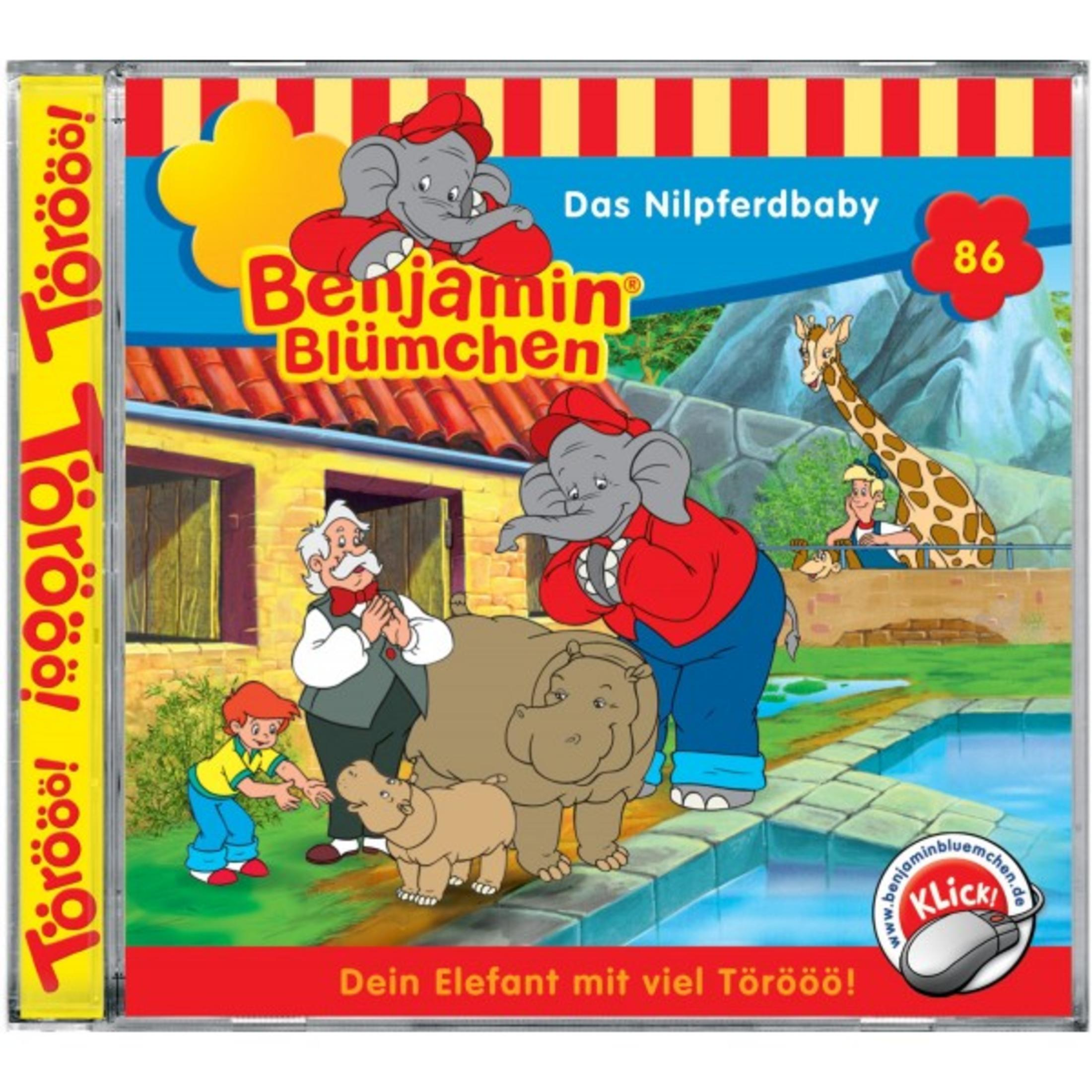 Benjamin Blümchen mit Tierpfleger, Junge und Nilpferden am Pool auf farbigem CD-Cover.