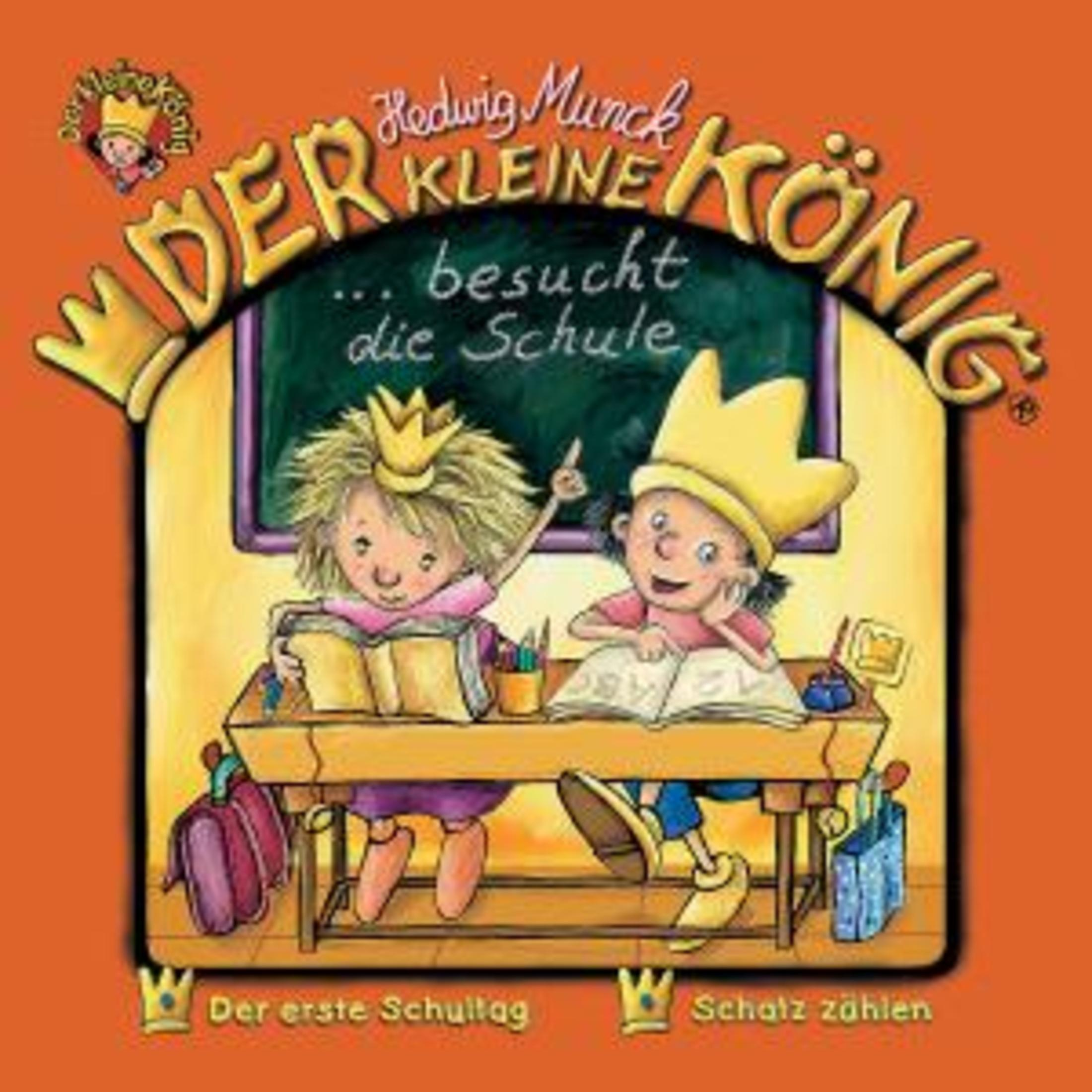 Illustration von zwei Kindern mit Kronen, die in einem Klassenzimmer an einer Schulbank sitzen und lesen.