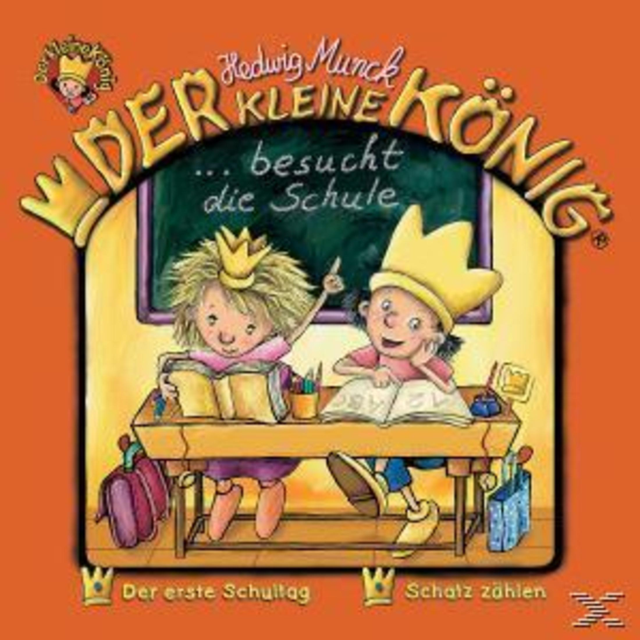 Ein buntes Buchcover mit zwei Kindern mit Kronen, die an einer Schulbank vor einer Tafel sitzen.