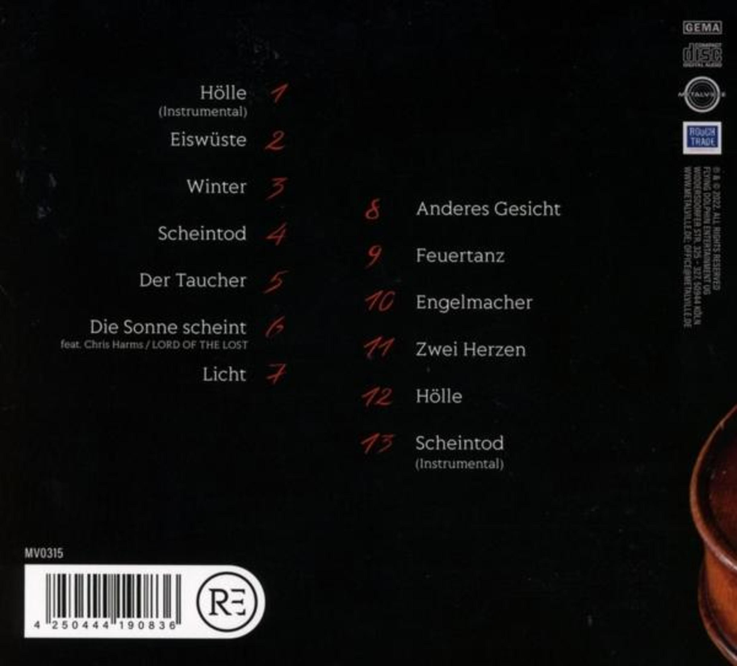 Rückseite einer CD-Hülle mit Titelliste in weiß und roten Nummern auf schwarzem Hintergrund.