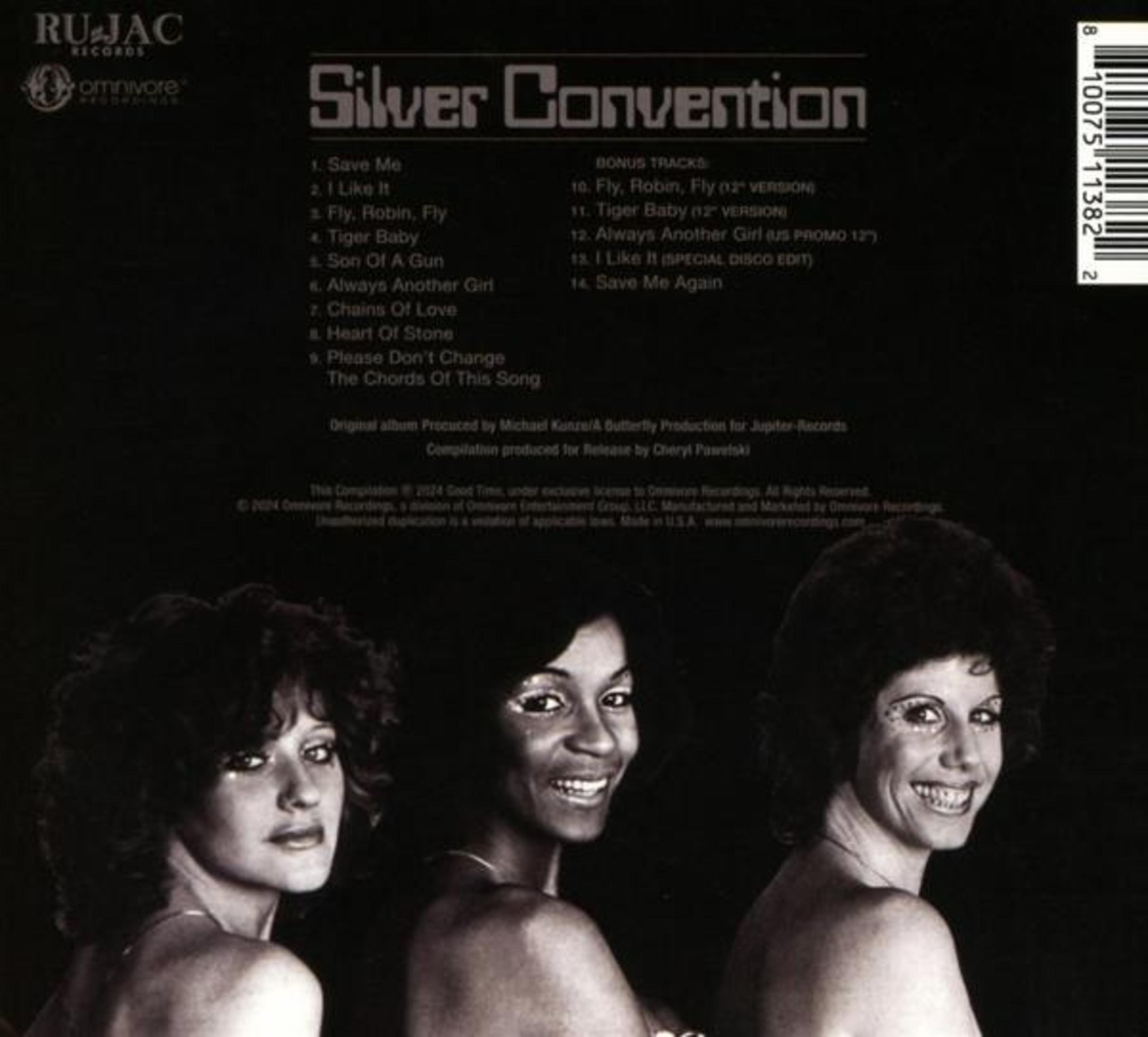 CD-Rückseite mit Tracklist von Silver Convention und Porträt der drei Bandmitglieder unten.