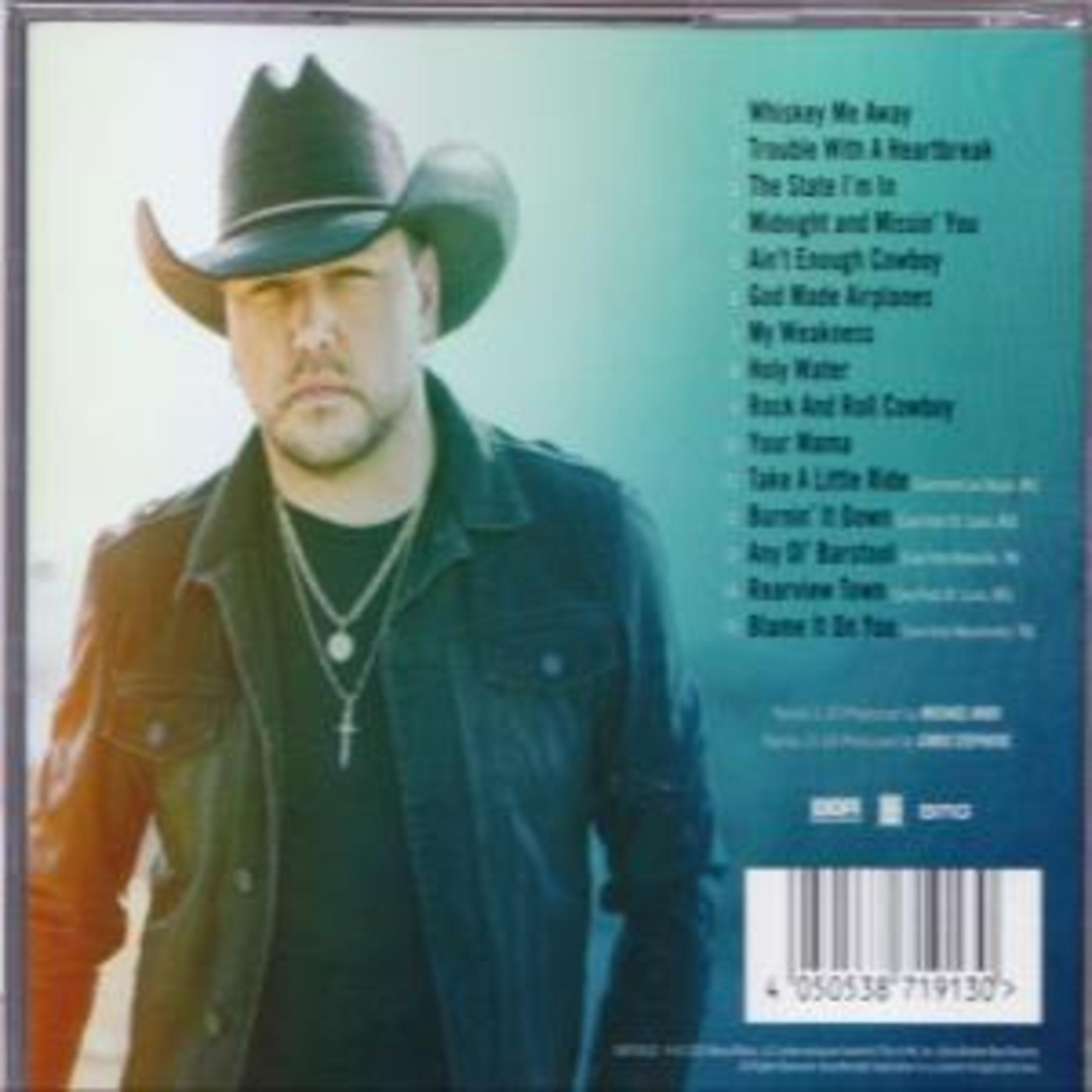Mann in Cowboyhut und Jeansjacke vor türkisem Hintergrund, rechts die Tracklist.