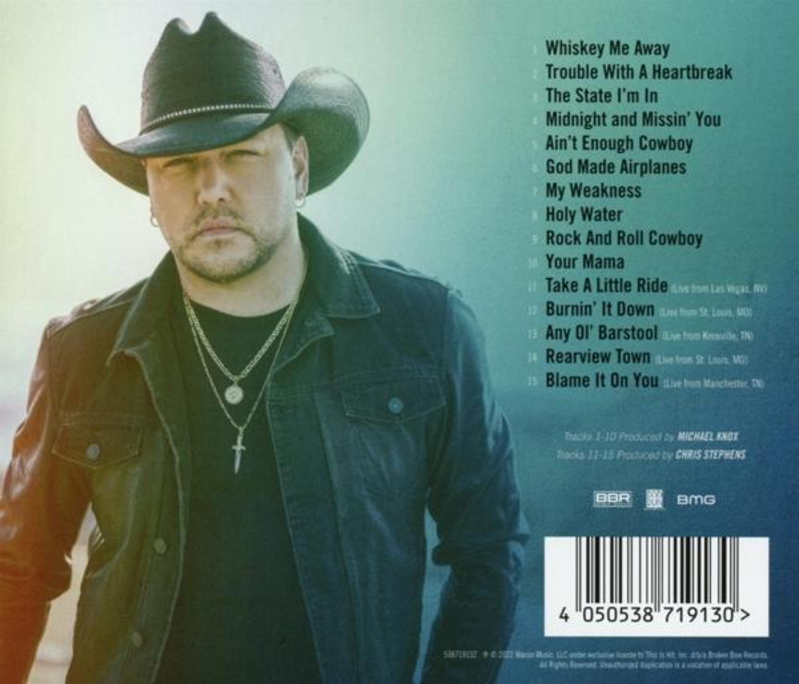 Mann mit Cowboyhut und Jeansjacke vor türkisem Hintergrund mit Songtiteln und Barcode.