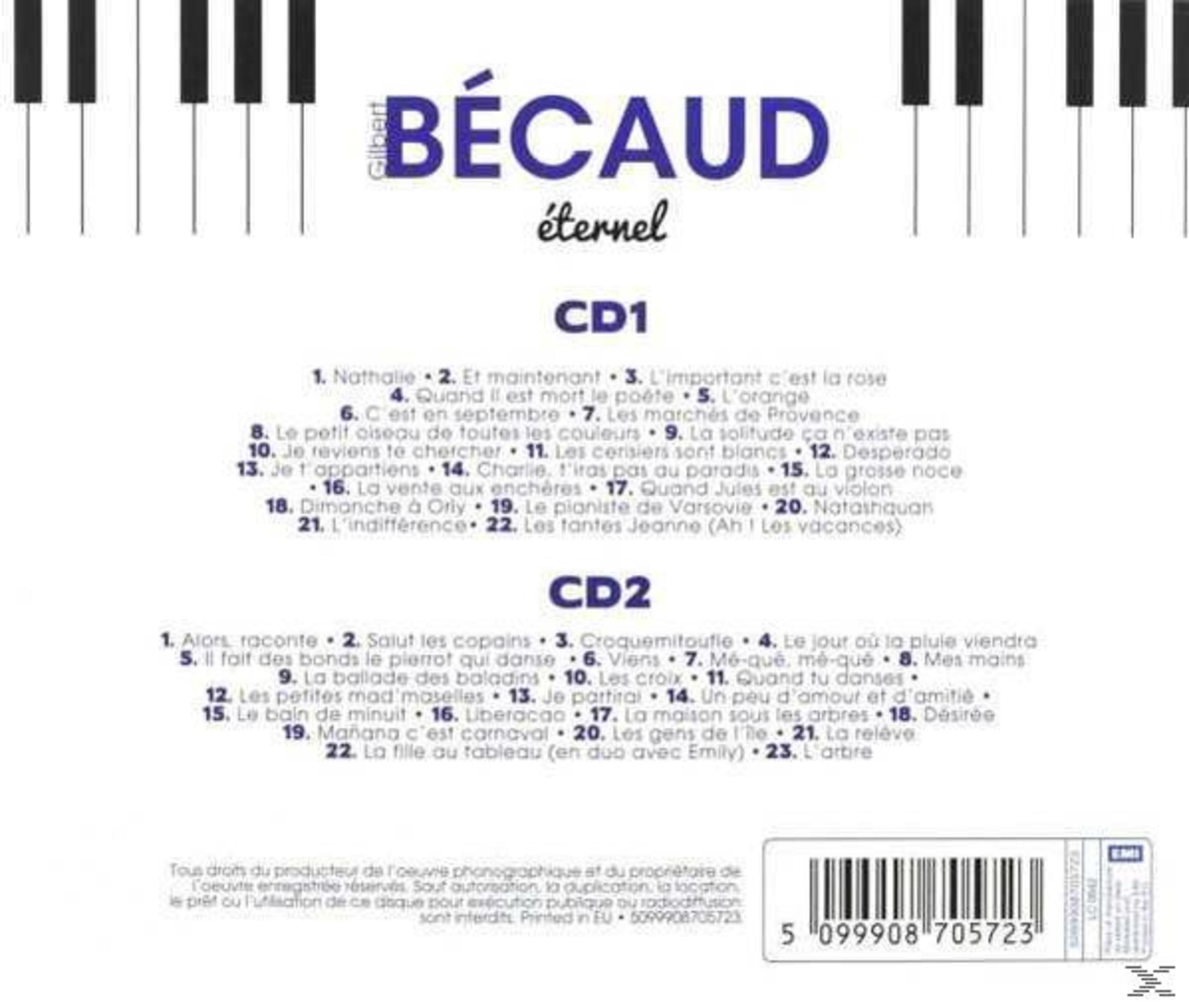 Rückseite einer Gilbert Bécaud CD mit Klaviertasten oben, Tracklists für CD1 und CD2 sowie einem Barcode unten.
