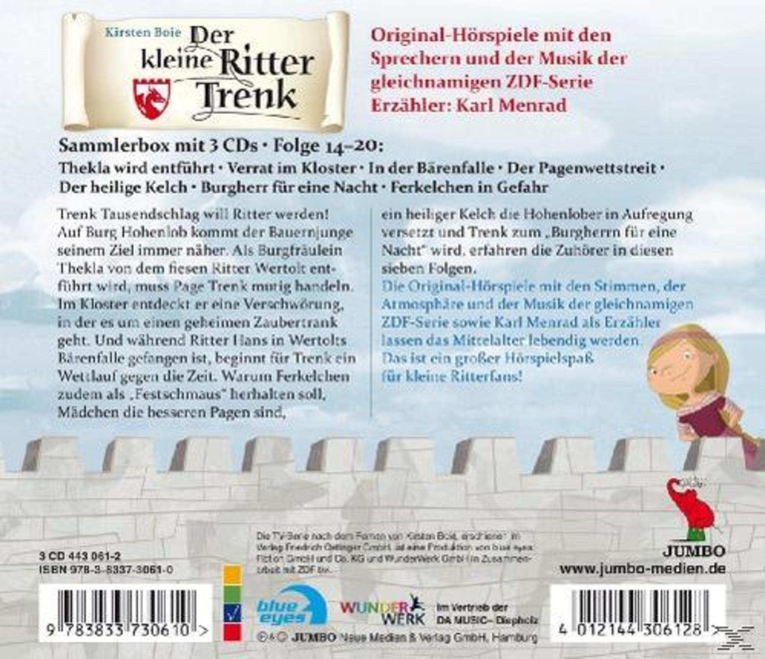 Rückseite einer Hörspiel-CD-Box für Kinder mit Text, Barcode und einer Illustration der Burg und Figur.