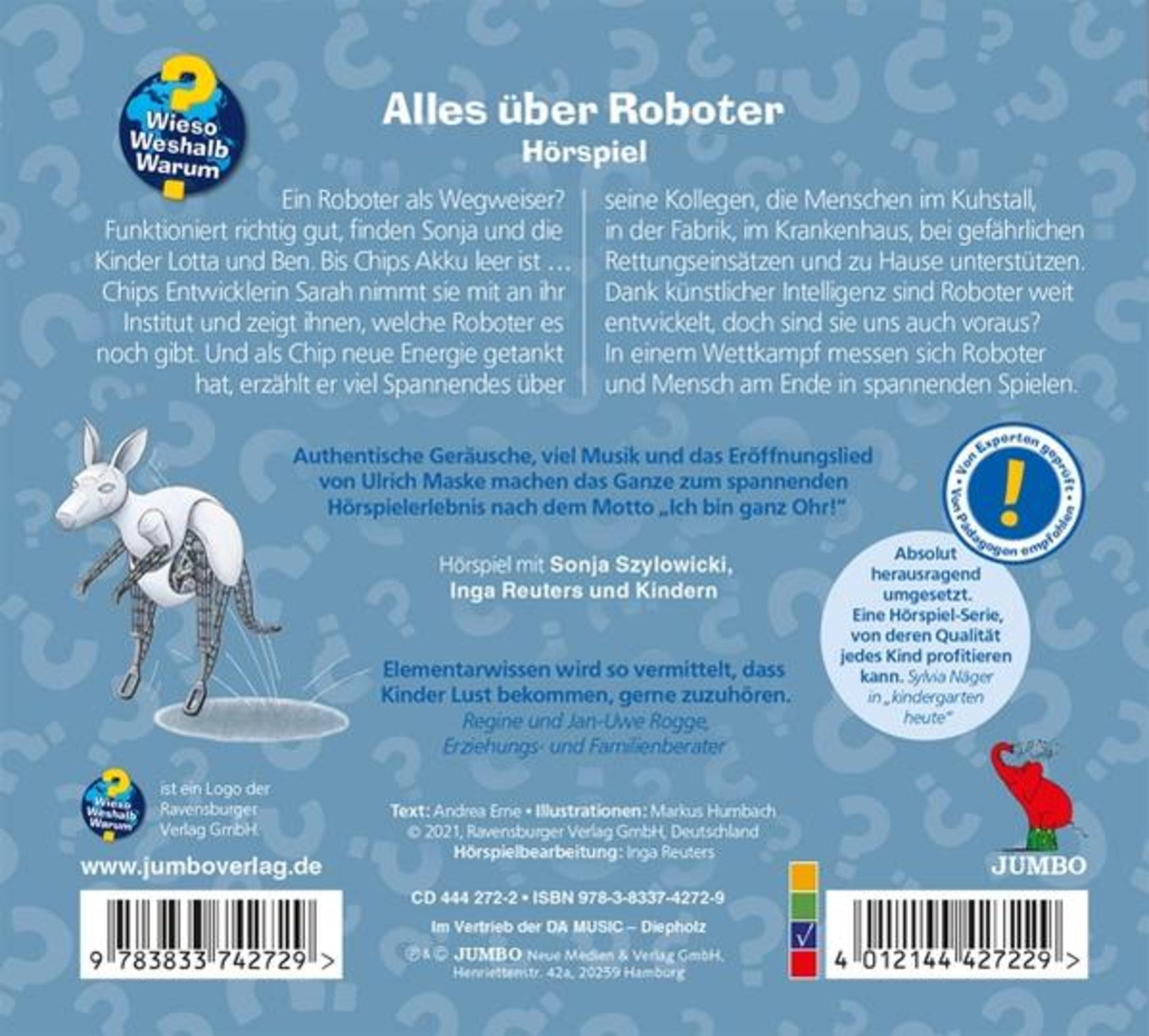 Rückseite einer Kinder-Hörspiel-CD mit Texten und Illustrationen auf blauem Hintergrund mit Fragezeichen.