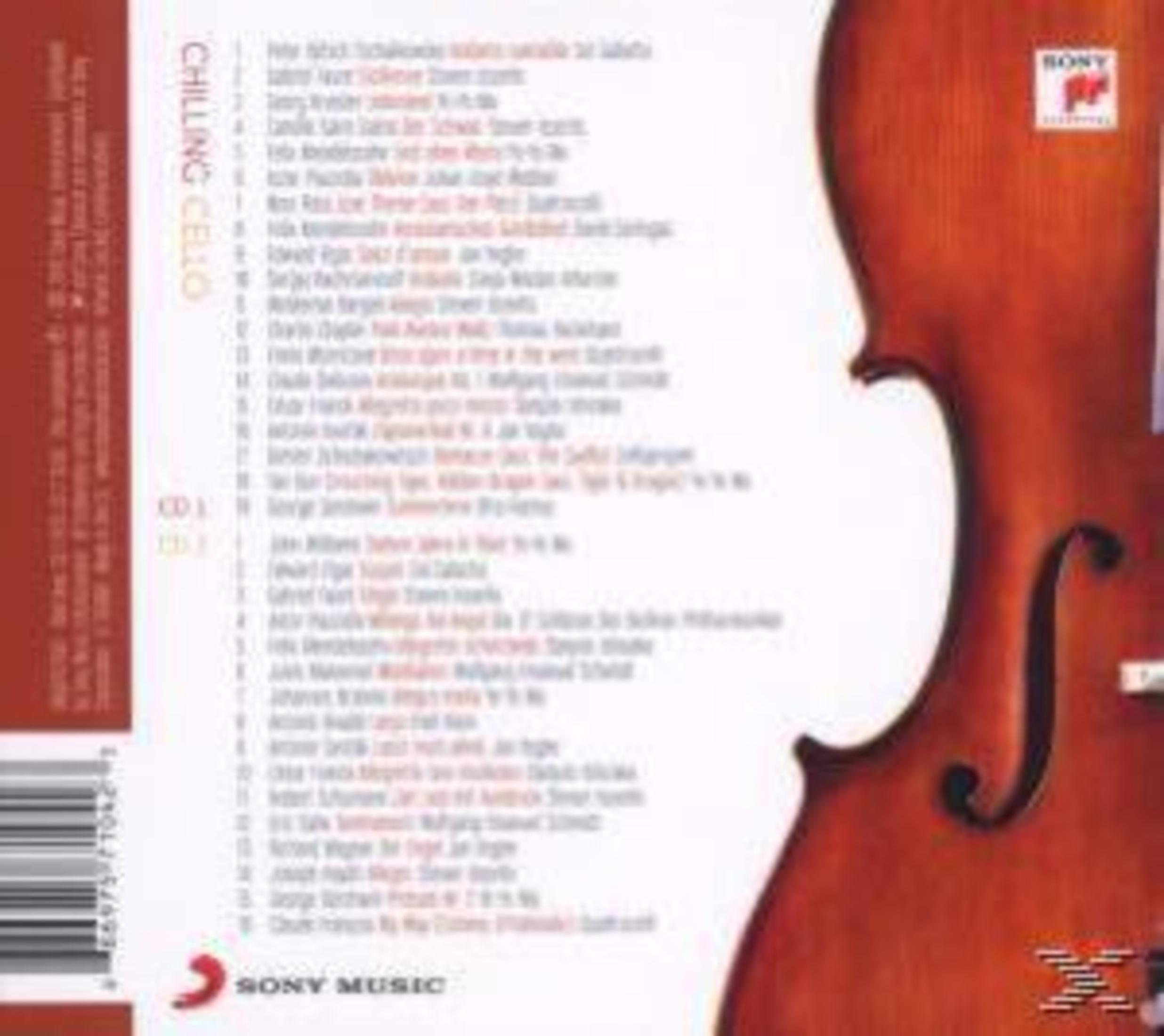 Rückseite einer "Chilling Cello" CD-Hülle mit Titelliste auf weißem Hintergrund und Cello-Abbildung rechts.