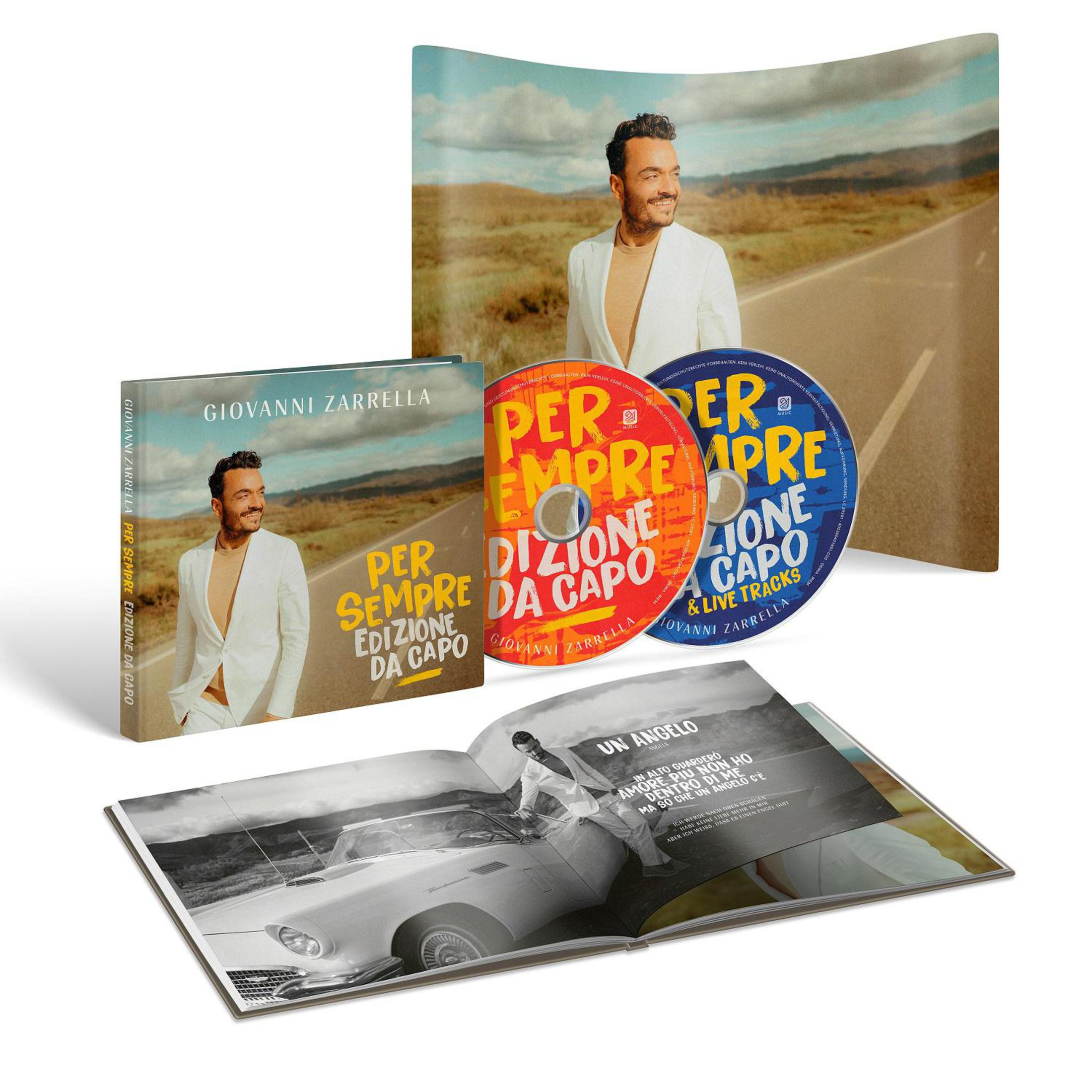 Giovanni Zarrellas Album Per Sempre Edizione Da Capo mit CDs, Fotobuch und Cover auf einer Straße.