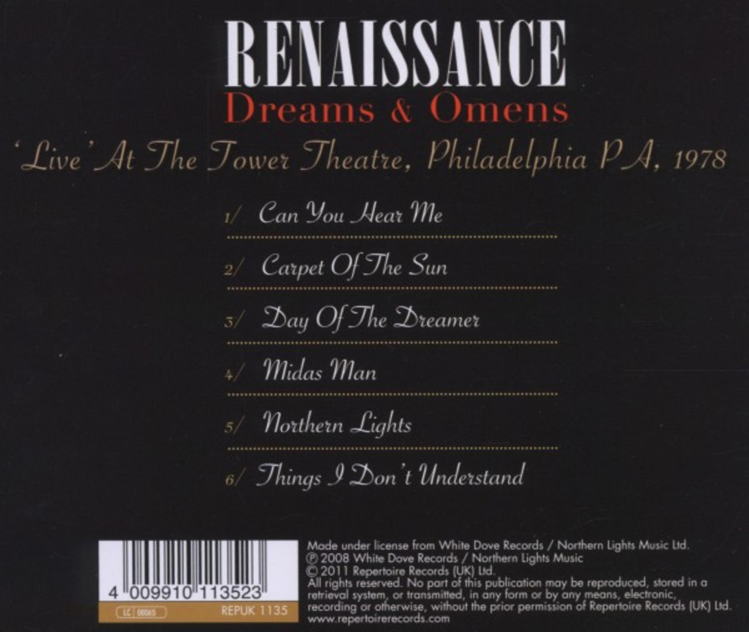 Rückseite der CD 'Dreams & Omens' von Renaissance, Live 1978 in Philadelphia, mit Tracklist und Barcode.