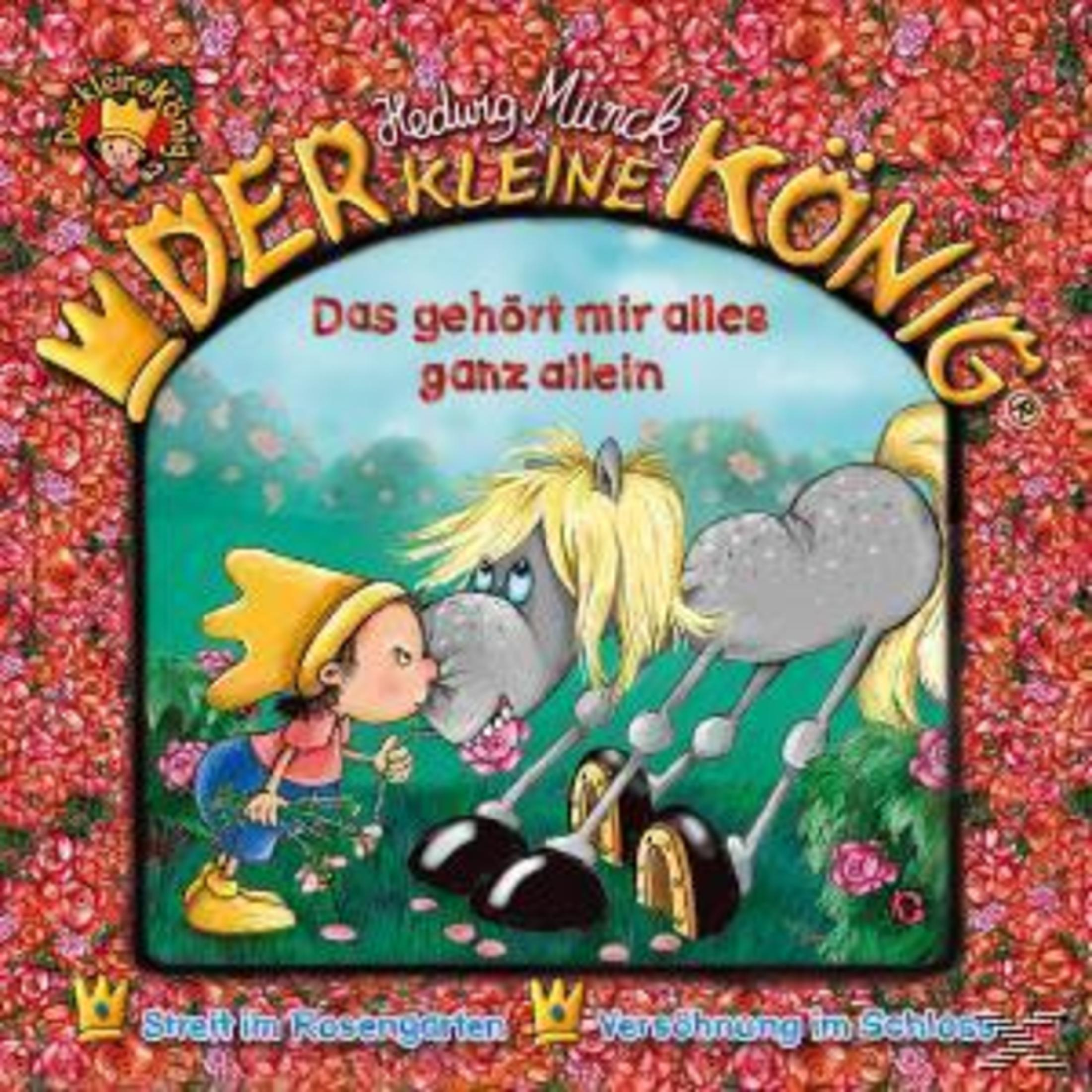 Ein kleiner König im gelben Hut und ein graues Pferd stehen in einem bunten Rosengarten.