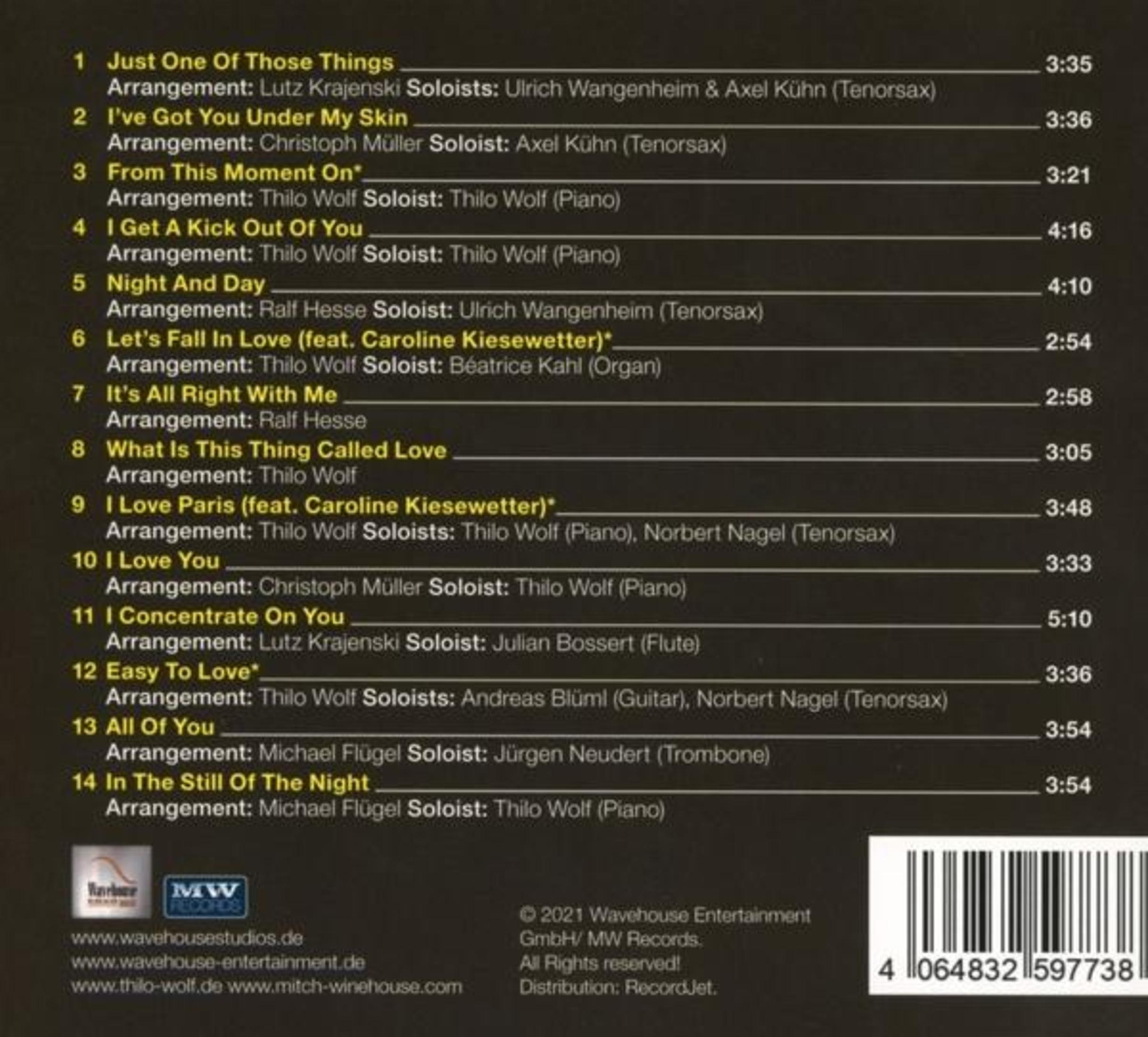 Rückseite einer Musik-CD mit Songtitel-Liste, Künstlerangaben und Barcode auf dunklem Grund.