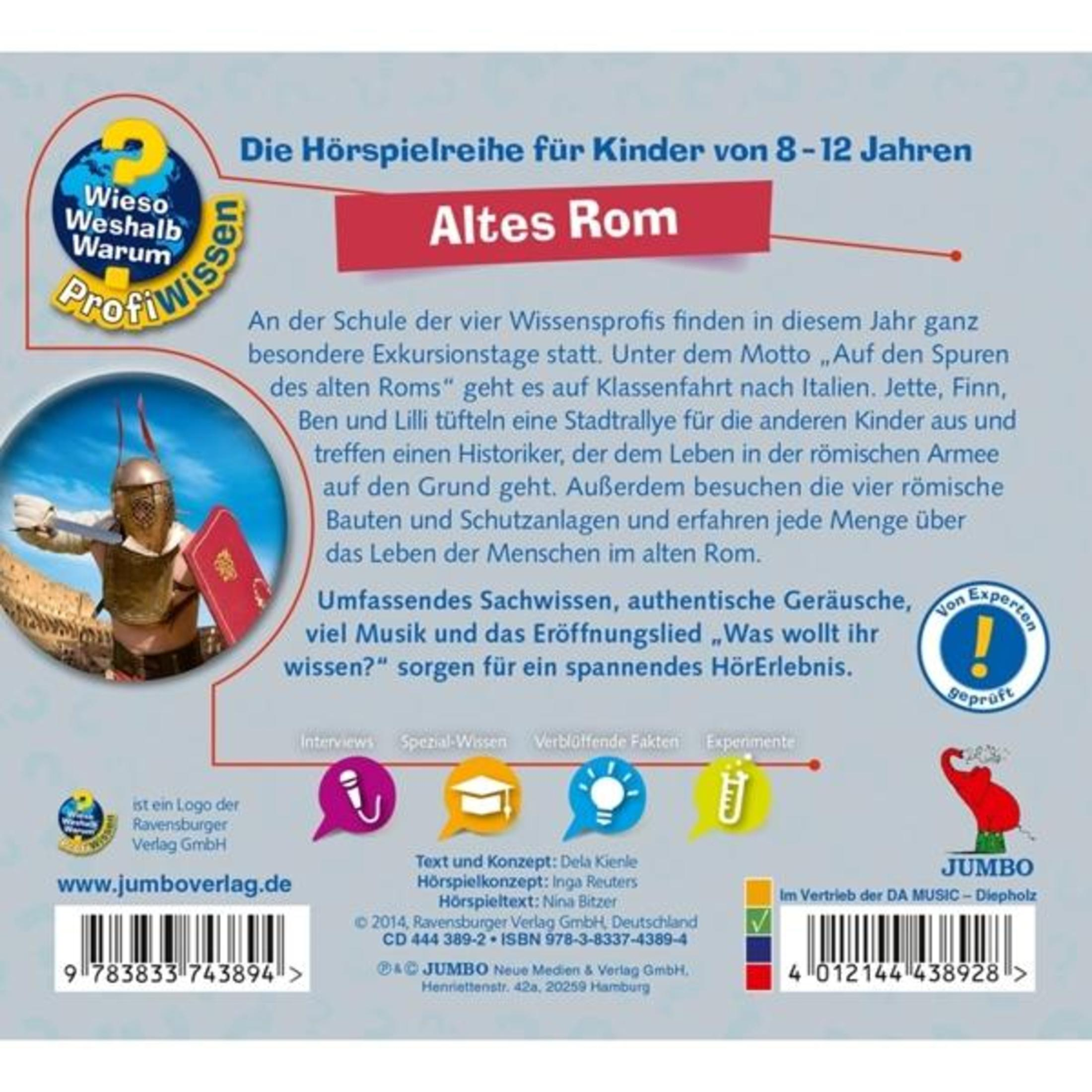 Rückseite einer Kinderhörspiel-CD über das Alte Rom mit Text, Logos, Barcodes und einem Bild eines Gladiators.