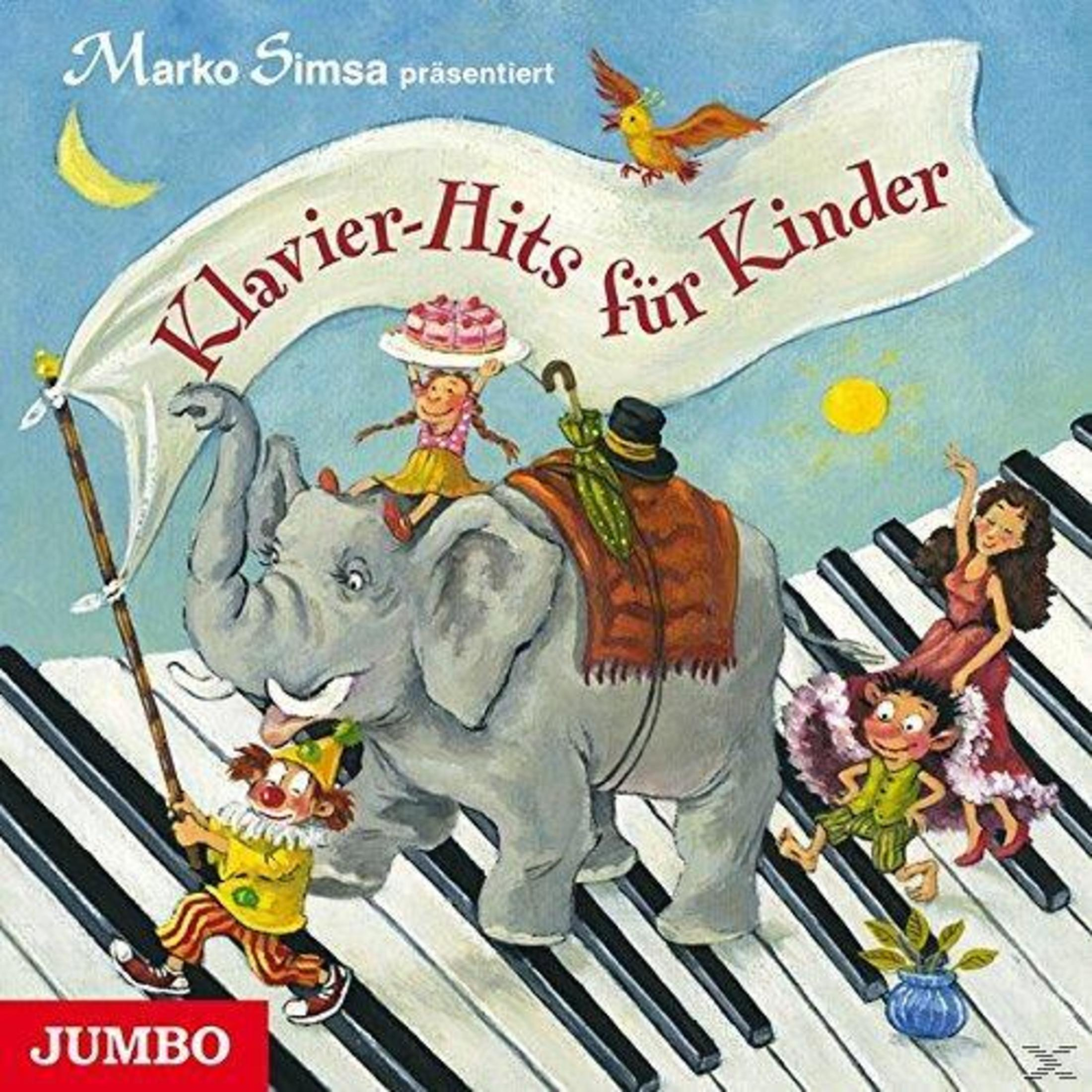 Illustration von Figuren auf riesigen Klaviertasten mit einem Elefanten.
