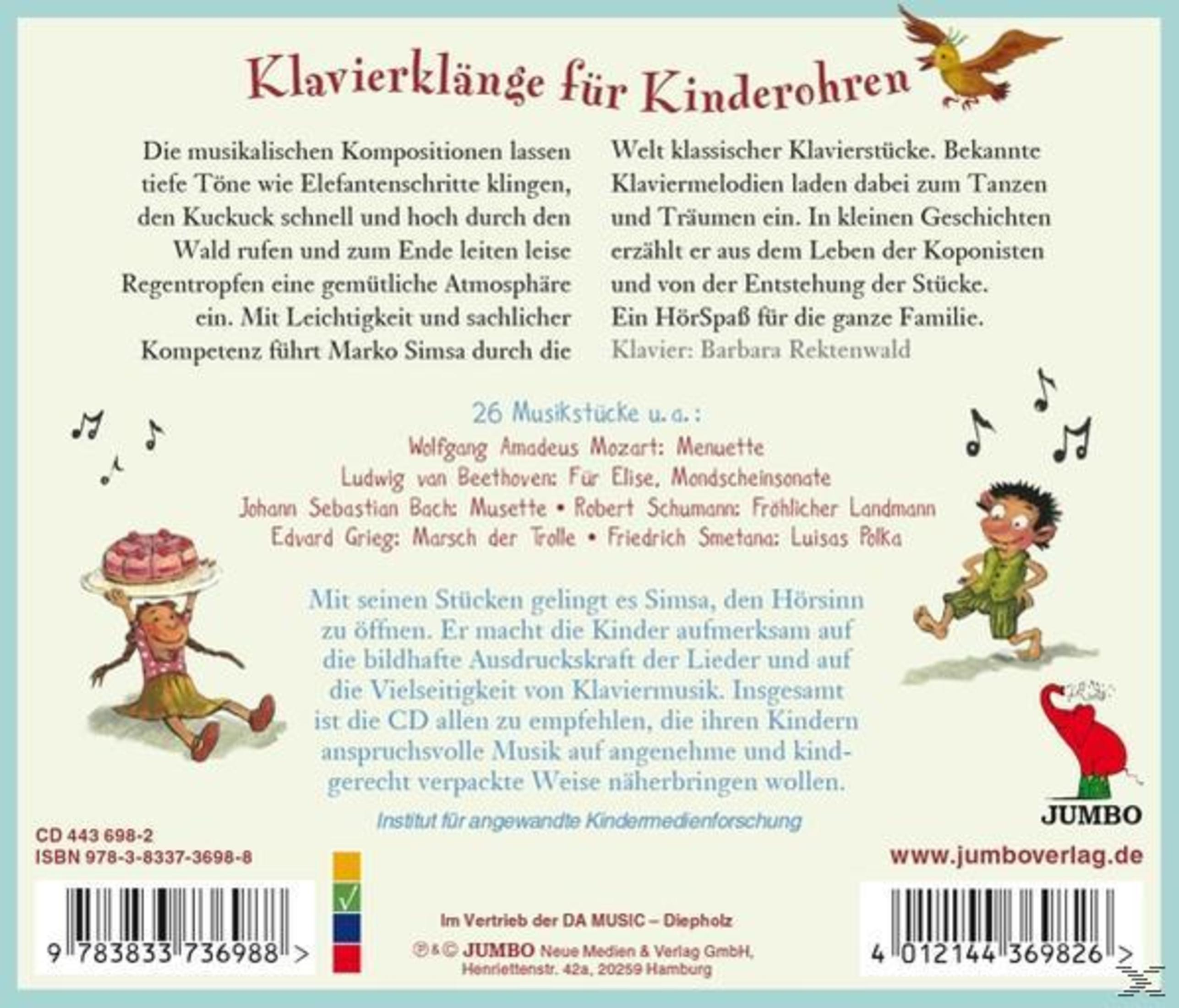 Rückseite einer CD-Hülle Klavierklänge für Kinderohren mit Text, Illustrationen und Barcodes.