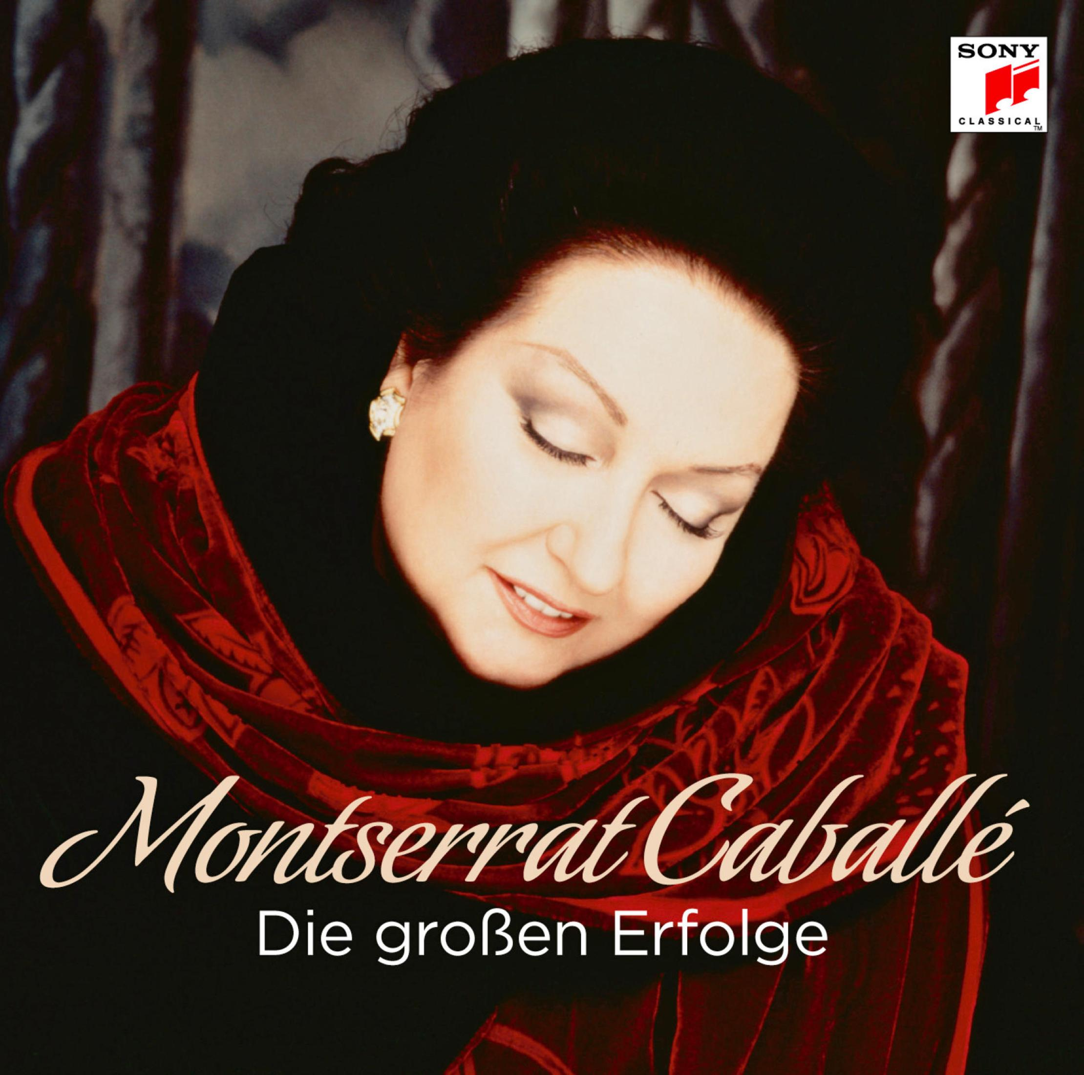 Montserrat Caballé in rotem Schal, Sony Classical Logo oben rechts und Text unten.