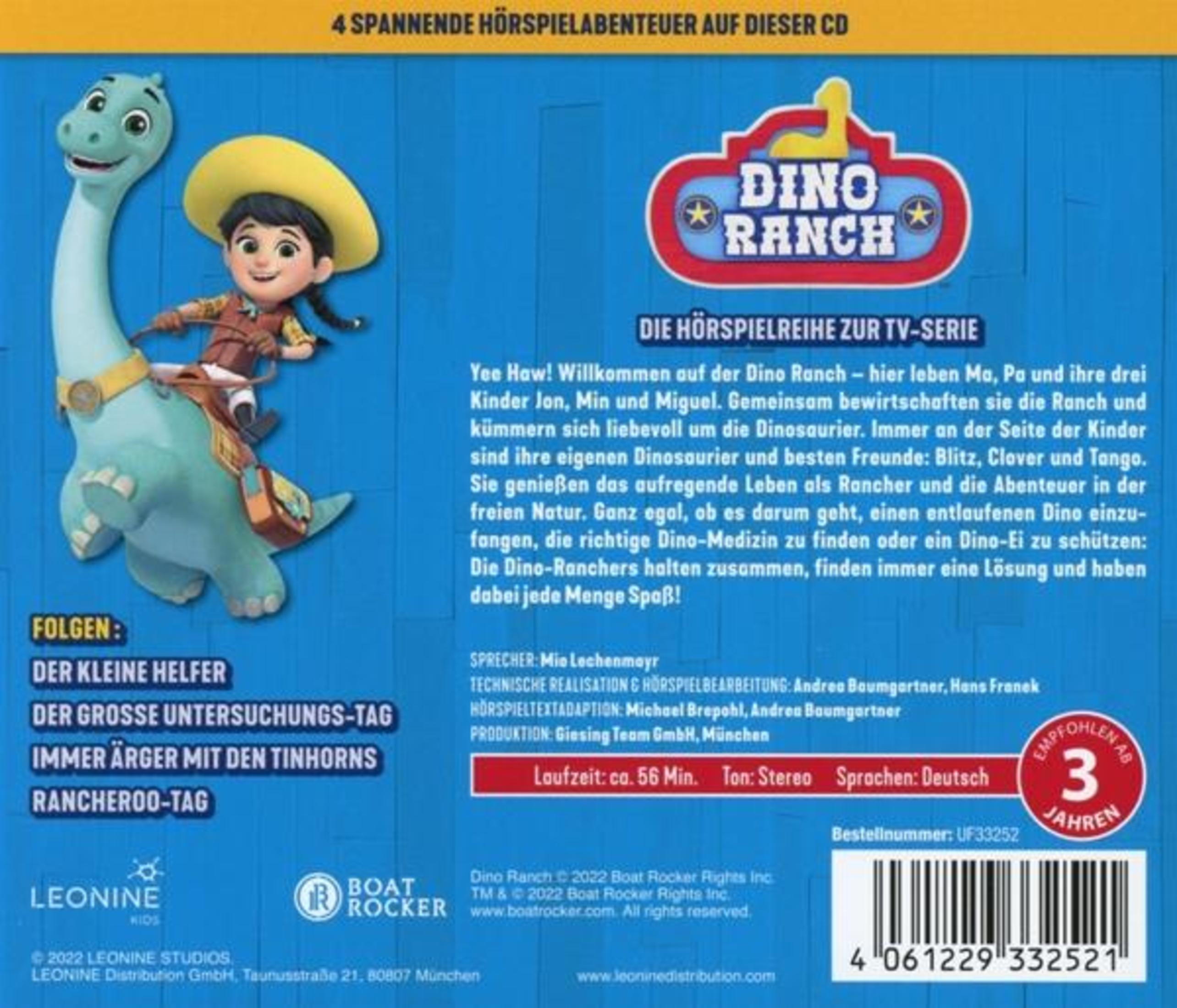 Rückseite einer Dino Ranch Hörspiel-CD mit Charakteren, Texten und Logo vor blauem Hintergrund.