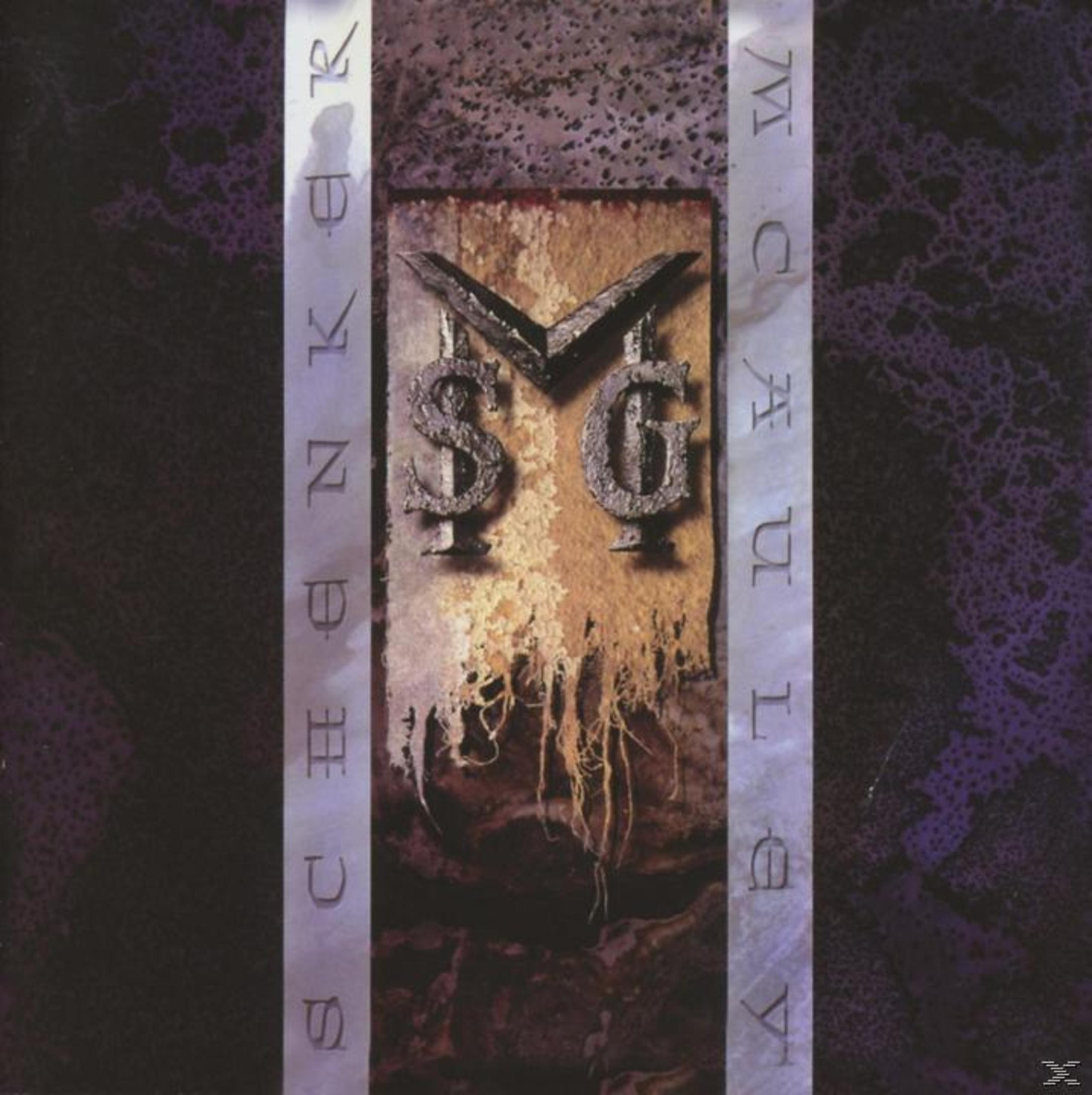 Albumcover mit metallenen MSG-Initialen und Schriftzügen auf strukturiertem Hintergrund.