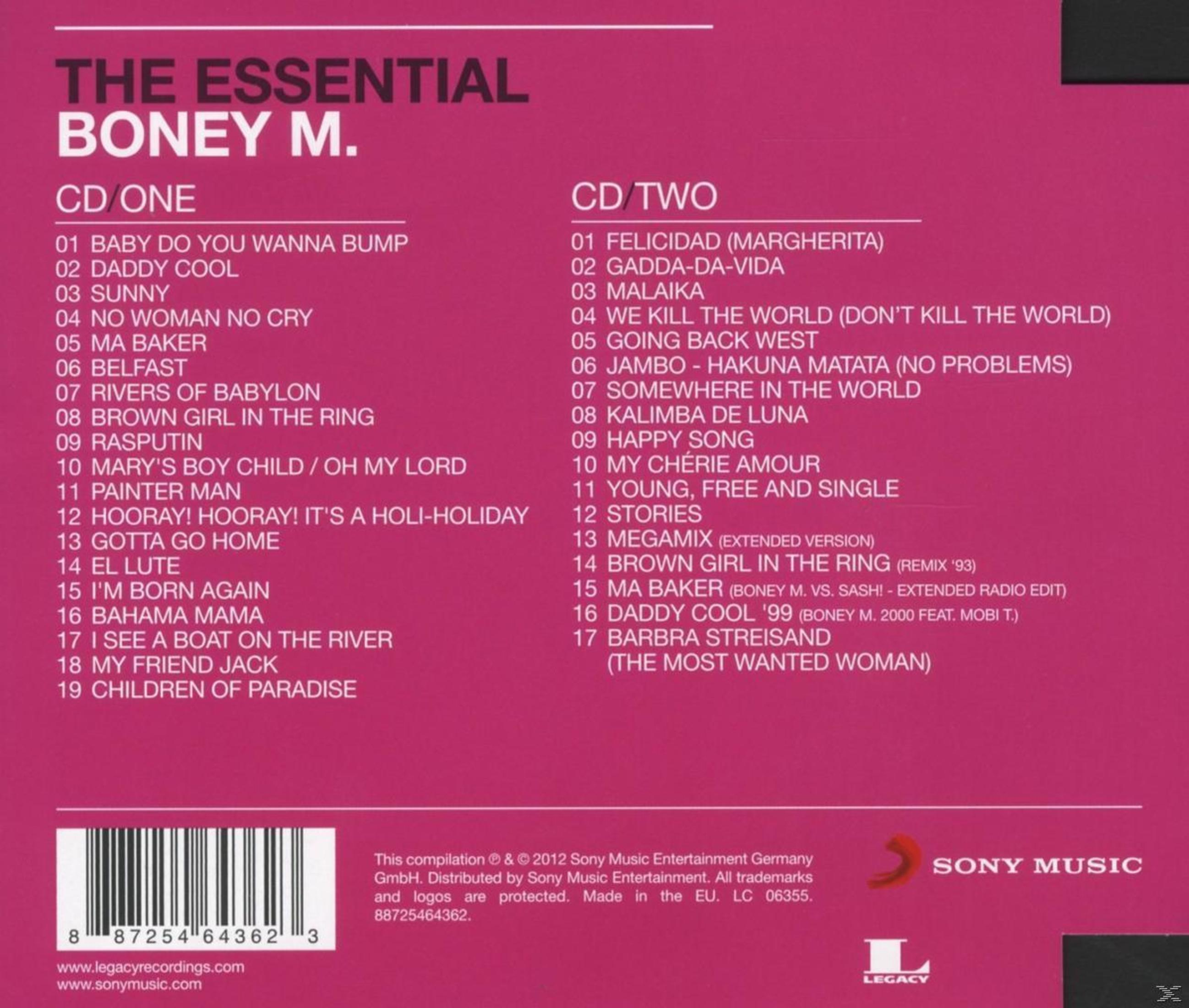 Rückseite des CD-Albums The Essential Boney M. mit Tracklists für CD 1 und 2 auf pinkem Hintergrund.