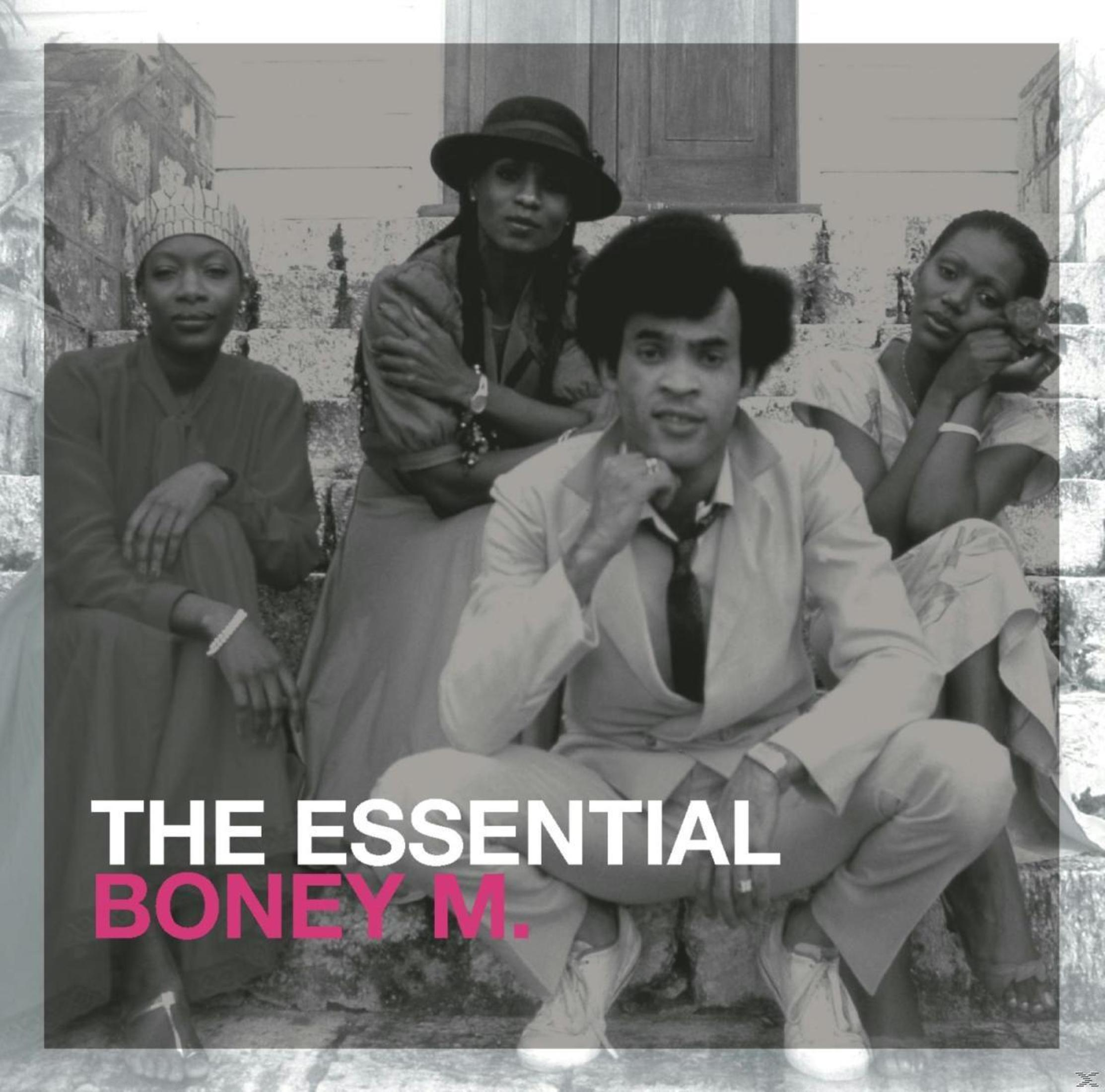 Vier Mitglieder der Musikgruppe Boney M. posieren in Schwarz-Weiß auf Steinstufen.
