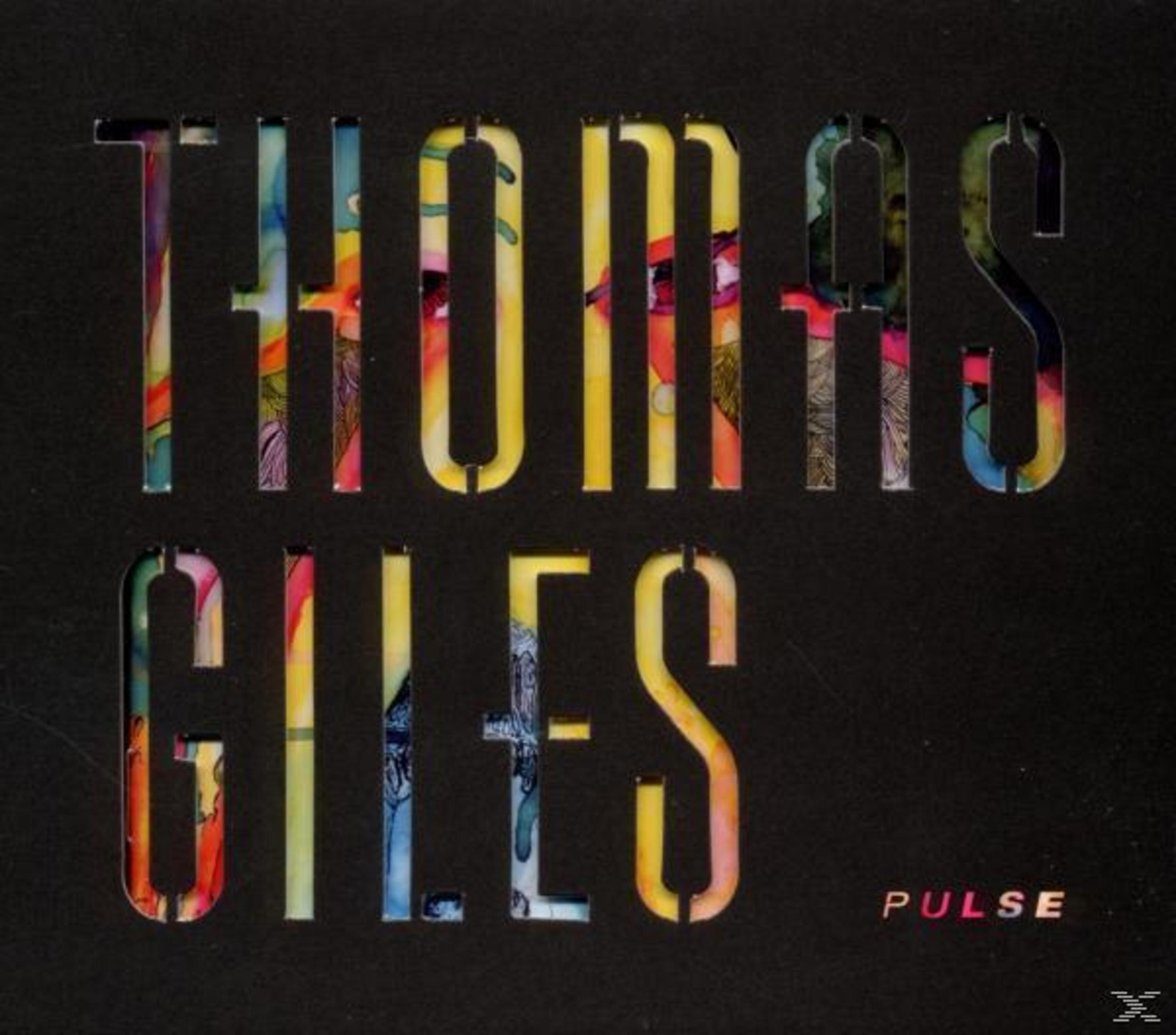 Buntes, aquarellartiges Design hinter den ausgestanzten weißen Buchstaben Thomas Giles Pulse auf schwarzem Grund.