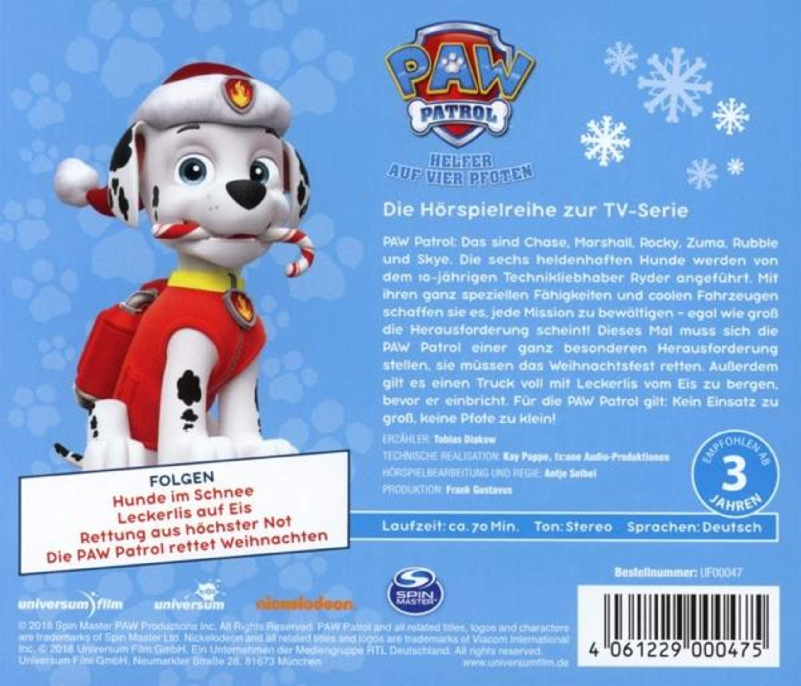 Marshall aus Paw Patrol in Weihnachtskleidung vor blauem Hintergrund mit Text und Logo.