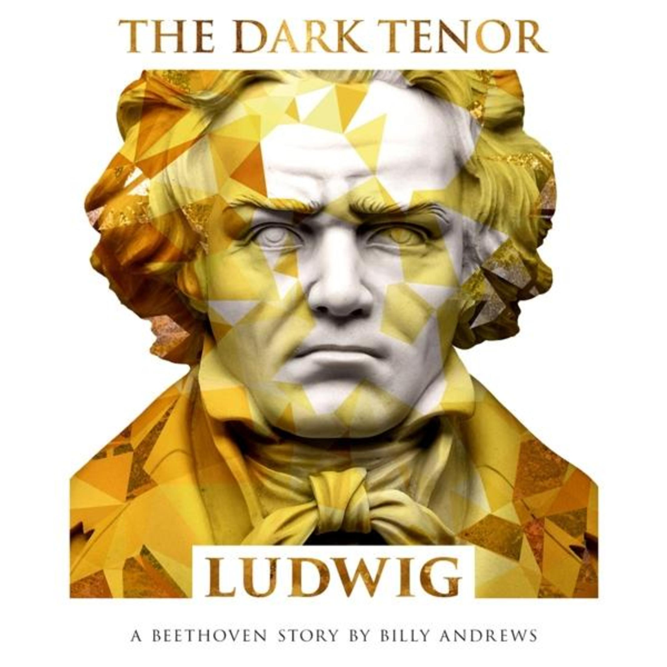 Eine weiße Beethoven-Büste mit gelben und goldenen geometrischen Mustern. Text oben und unten.