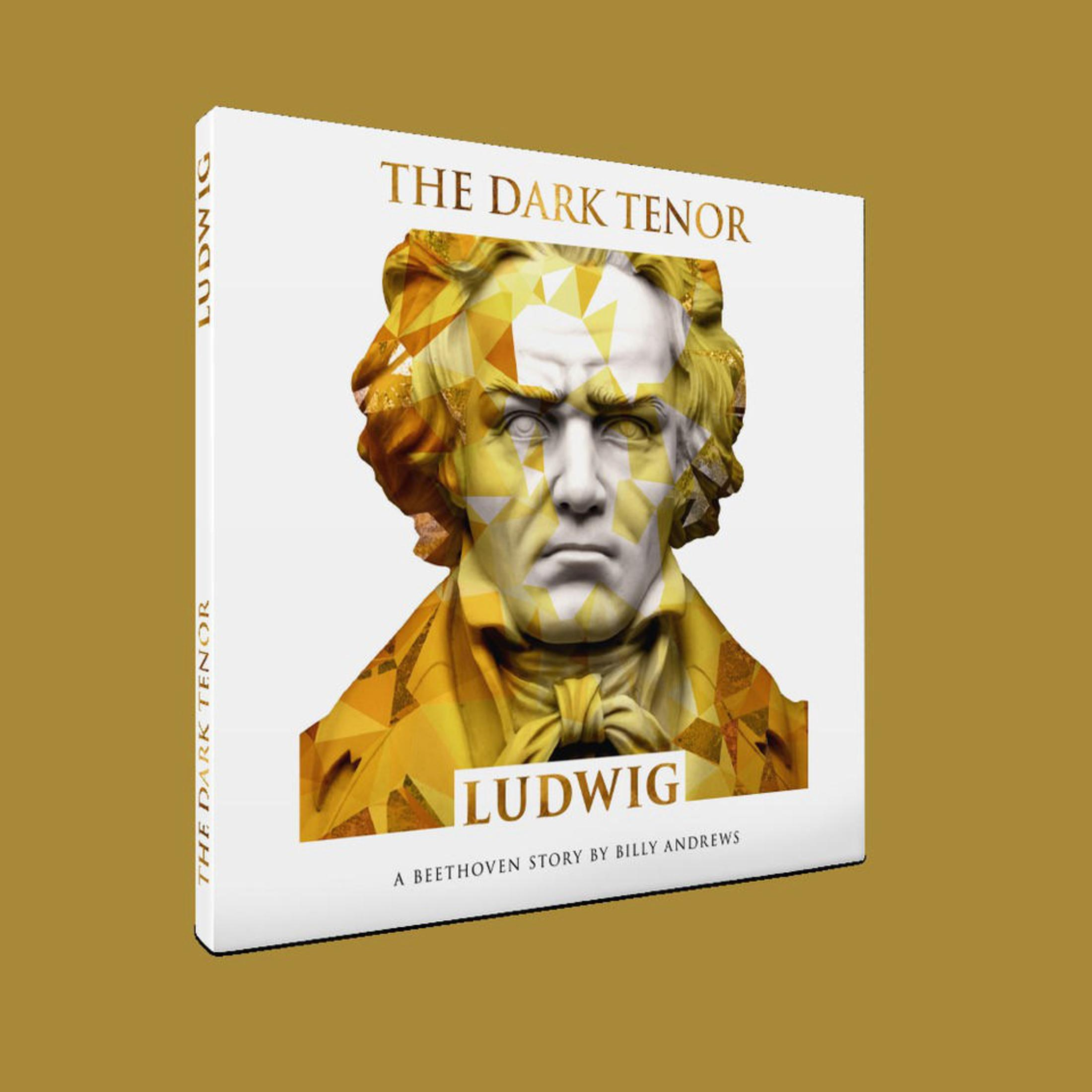 Ein Buchumschlag mit einer weißen Beethoven-Büste und goldenen geometrischen Mustern vor weißem Hintergrund.