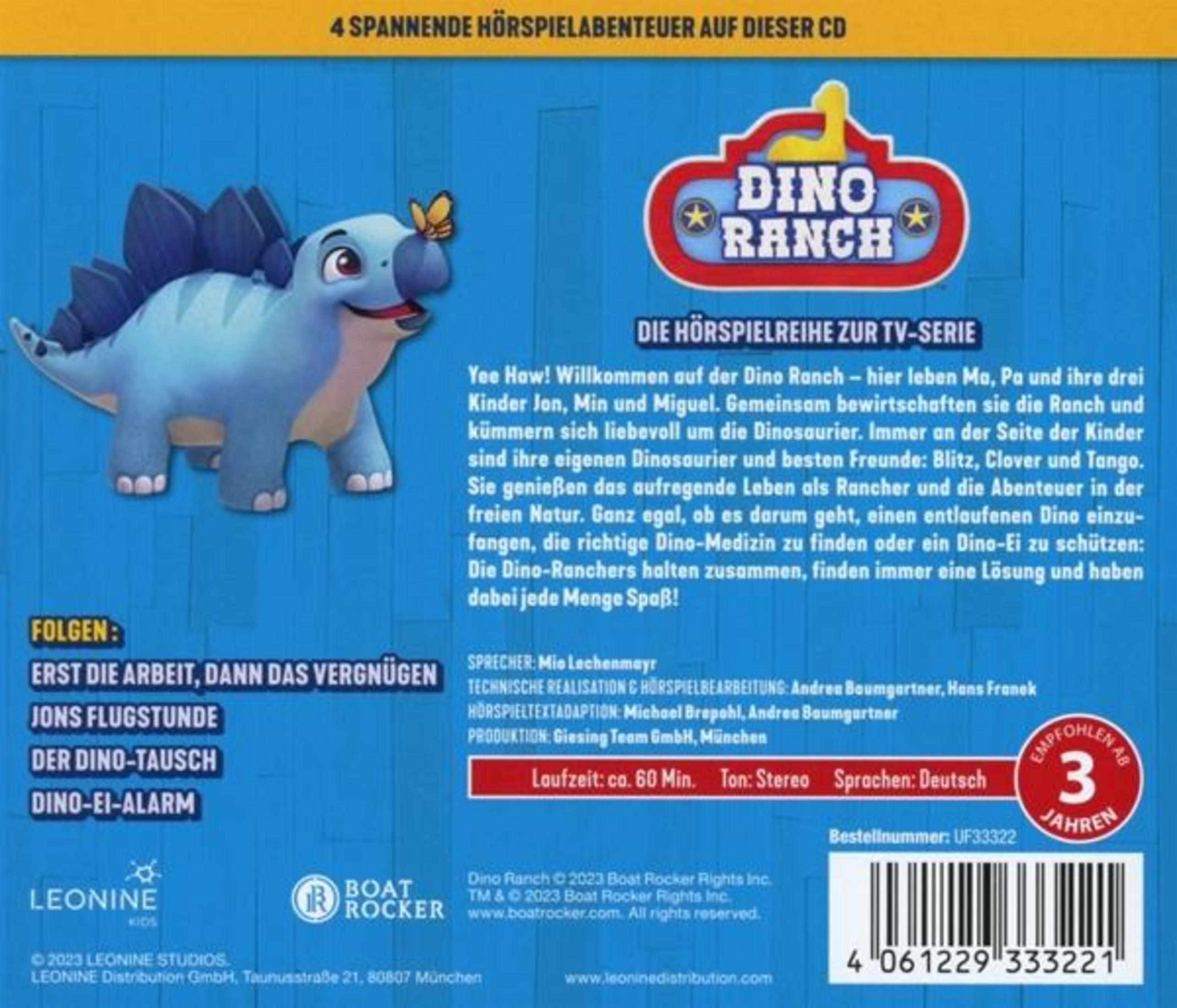 Rückseite einer Dino-Ranch-Hörspiel-CD mit blauem Dino, Text und Barcode auf blauem Hintergrund.