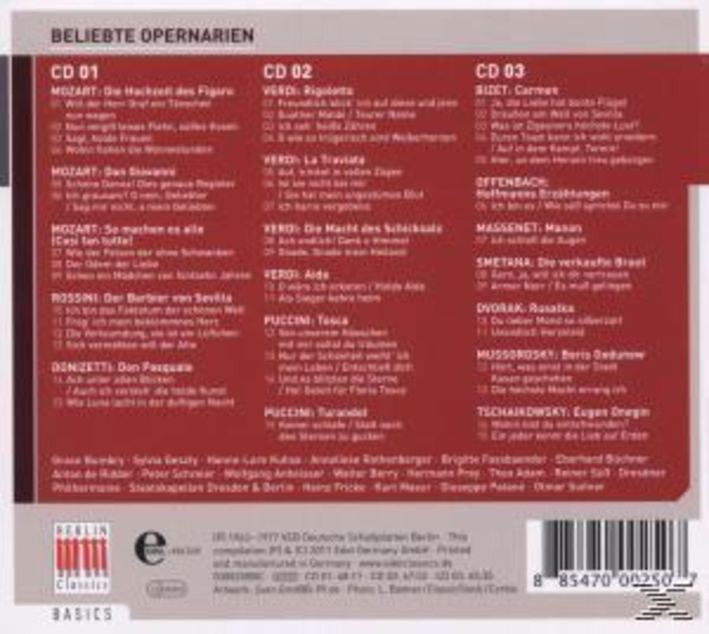 Rückseite einer Opern-CD-Hülle mit Titellisten für drei CDs in deutscher Sprache und Barcode.
