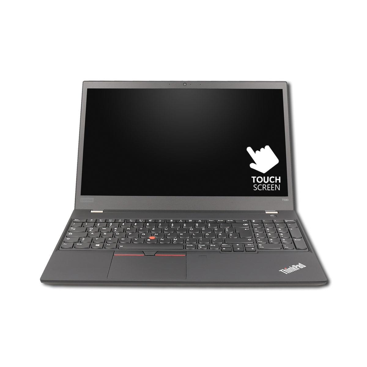 Ein offener, grauer Lenovo ThinkPad Laptop mit einem Touchscreen-Symbol auf dem Display.