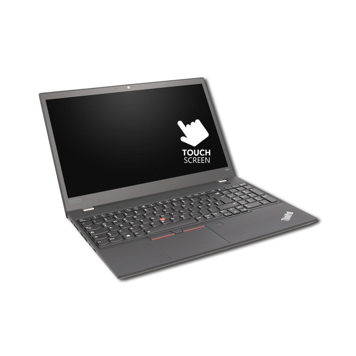 Ein grauer Lenovo-Laptop ist auf weißem Hintergrund geöffnet und zeigt den Text 'TOUCH SCREEN' mit einem Handsymbol.