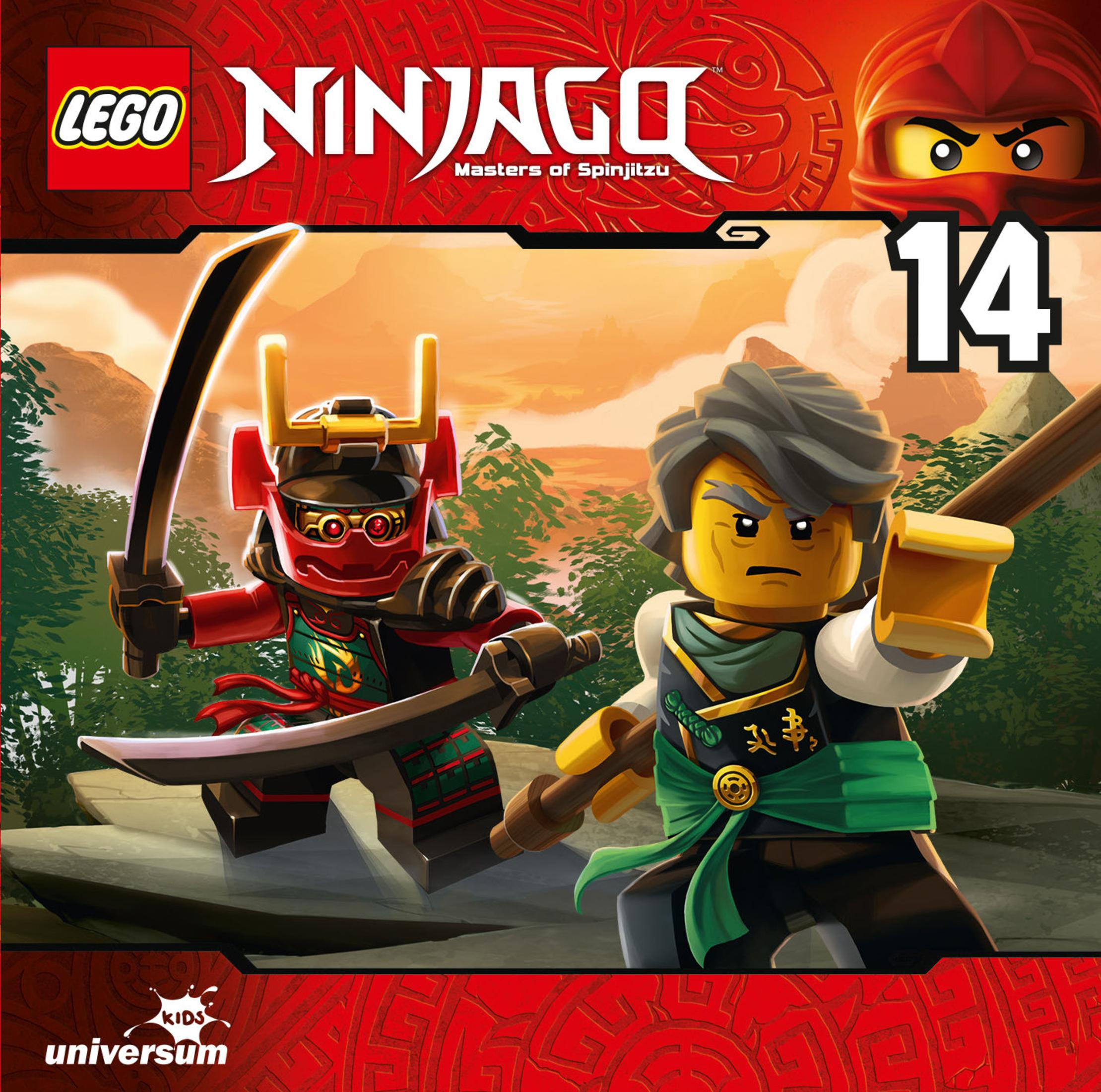 Lego Ninjago Cover mit zwei Ninjas in Kampfhaltung und rotem Hintergrund.