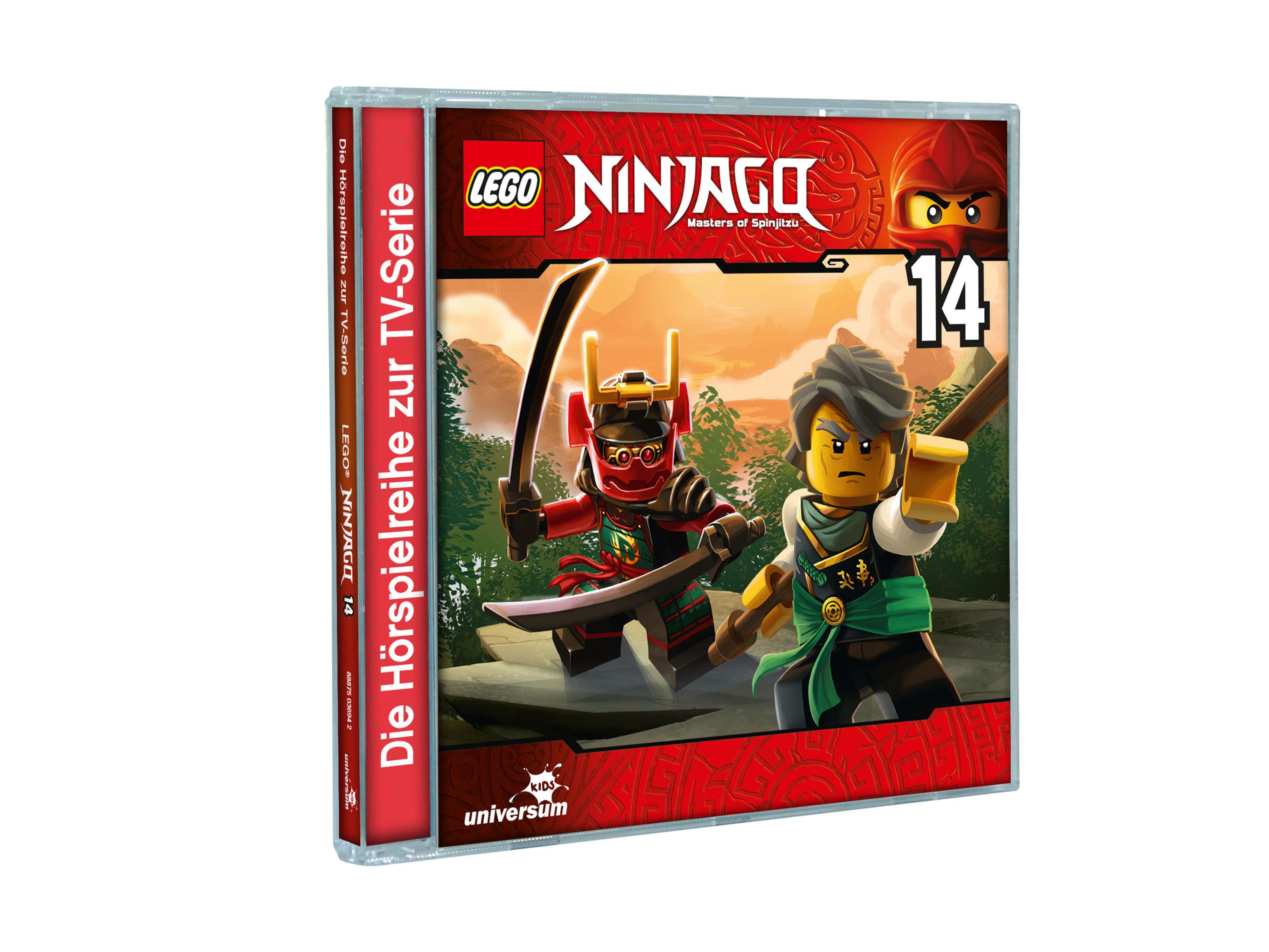 Lego Ninjago Hörspiel-CD 14 mit zwei Ninjas vor einer felsigen Landschaft.