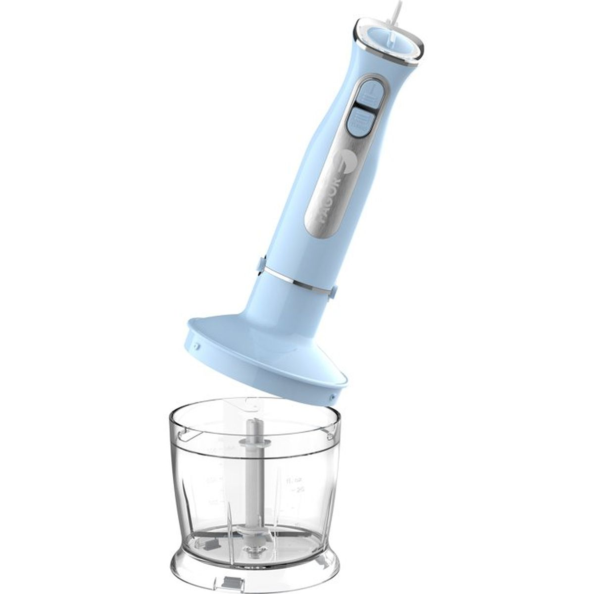 Un minipimer azzurro fluttua sopra la sua ciotola tritatutto in plastica trasparente su sfondo bianco.