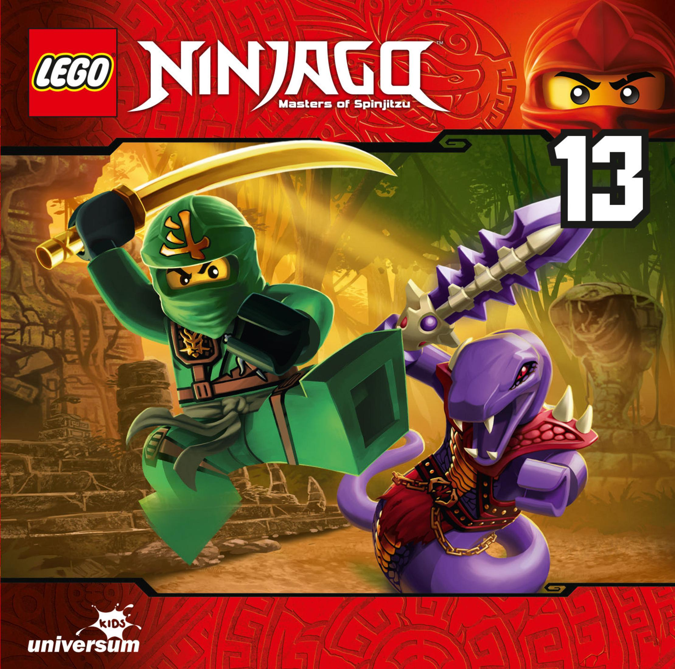 Lego Ninjago Cover mit grünem Ninja und lila Schlange in einem Dschungel.