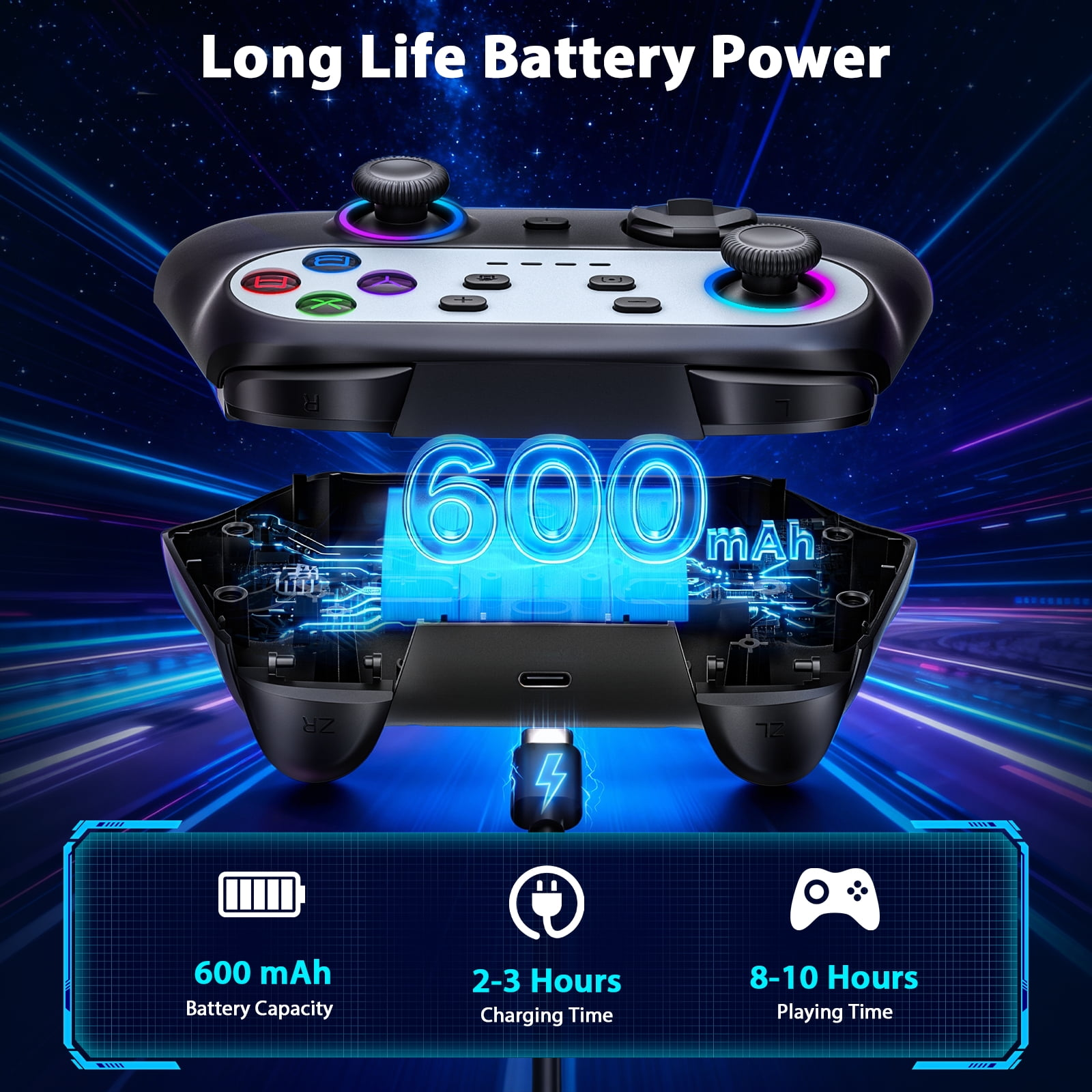 Gaming-Controller mit 600mAh Akku, 2-3 Stunden Ladezeit und 8-10 Stunden Spielzeit.