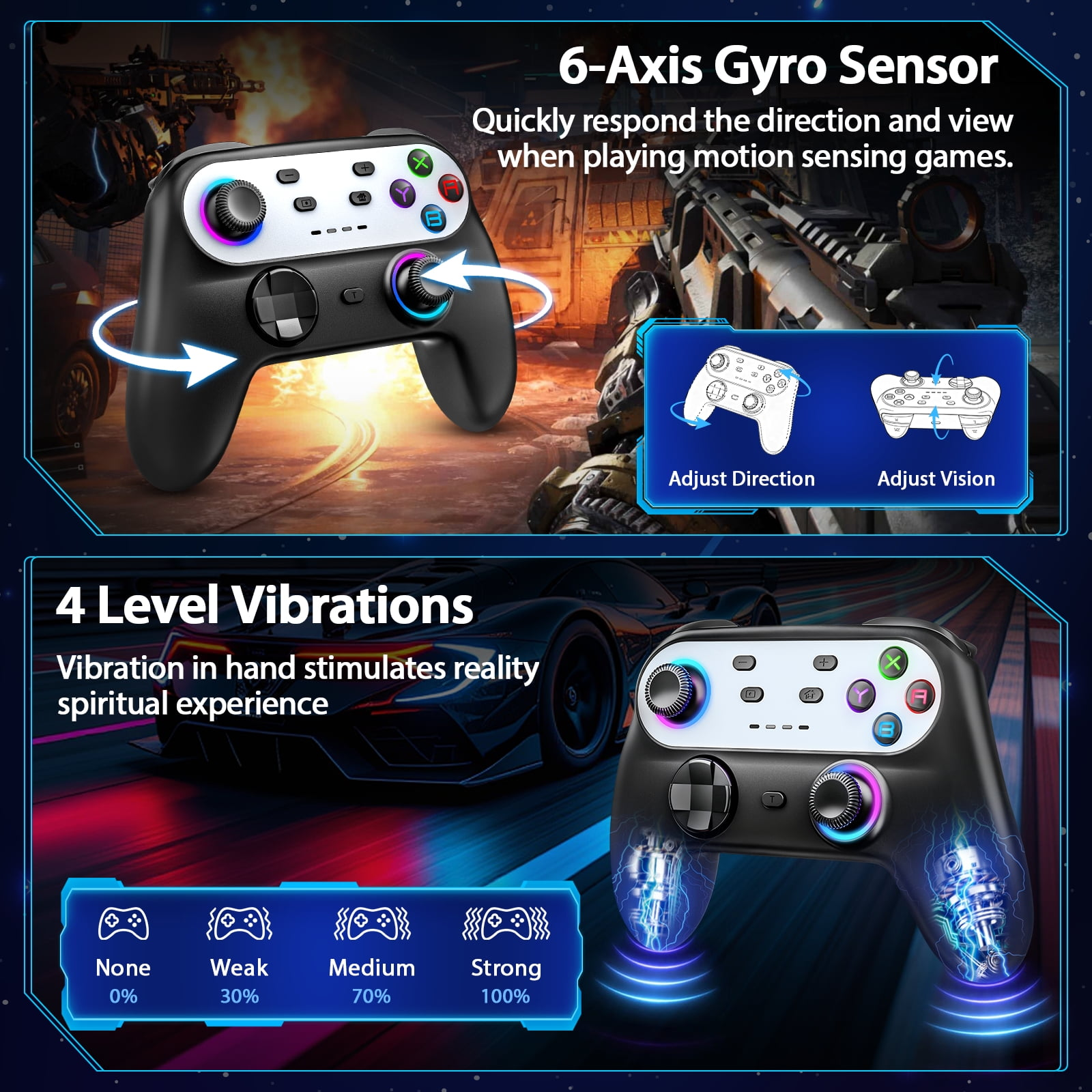 Ein schwarz-weißer Controller mit 6-Achsen-Gyrosensor und vier Vibrationsstufen für immersives Gameplay.