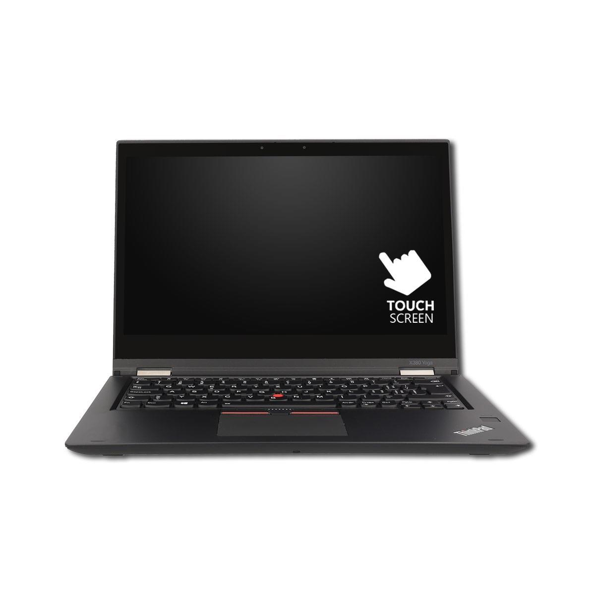 Ein schwarzer Touchscreen-Laptop auf weißem Hintergrund mit einem Hand-Symbol auf dem Display.