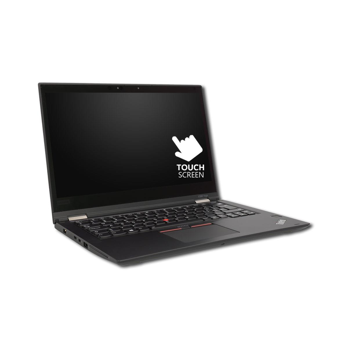 Ein schwarzer Touchscreen-Laptop auf weißem Hintergrund, auf dem Bildschirm ist ein Touchscreen-Symbol zu sehen.